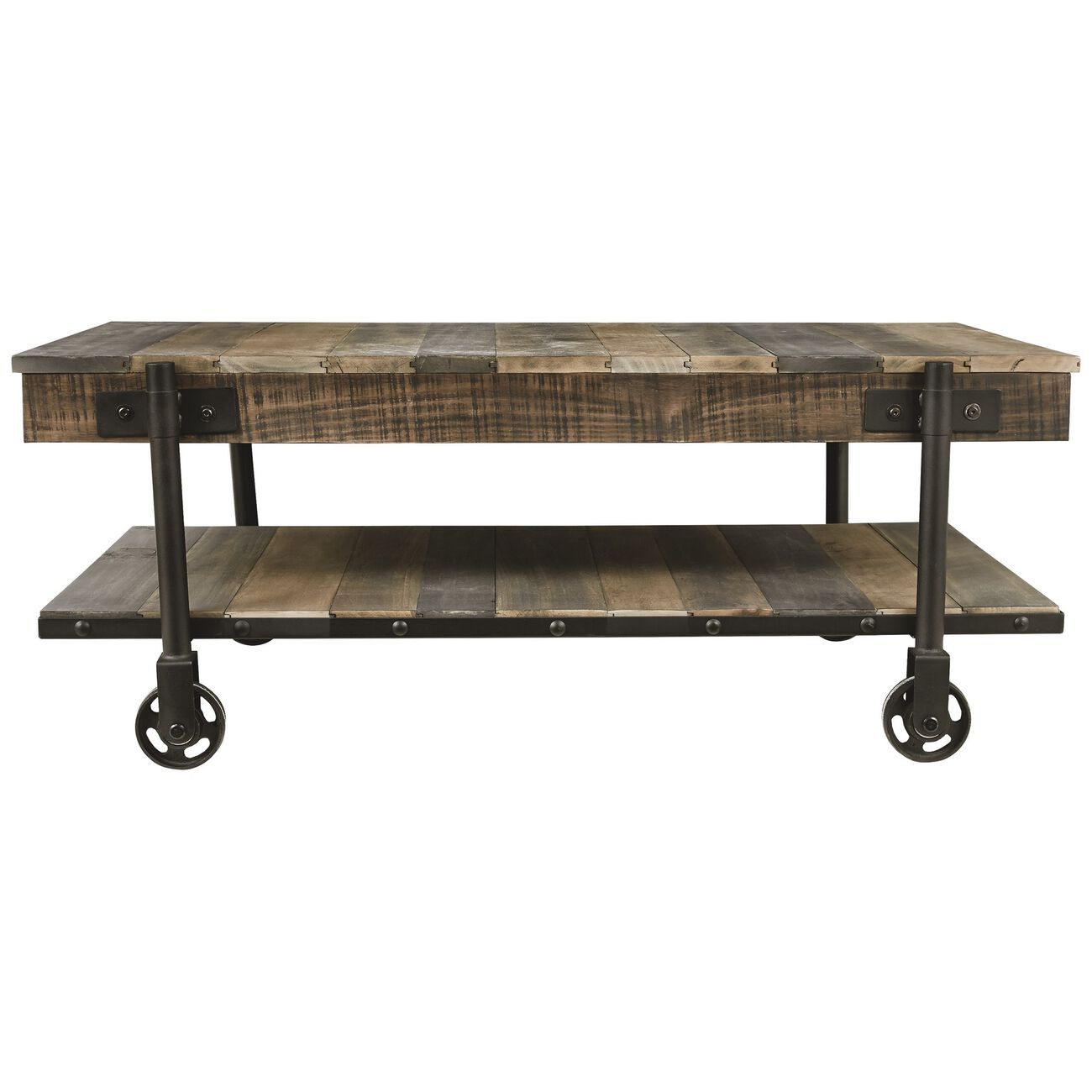 Plank Style Wooden Cocktail Table with Bottom Shelf and Caster Wheels,Brown