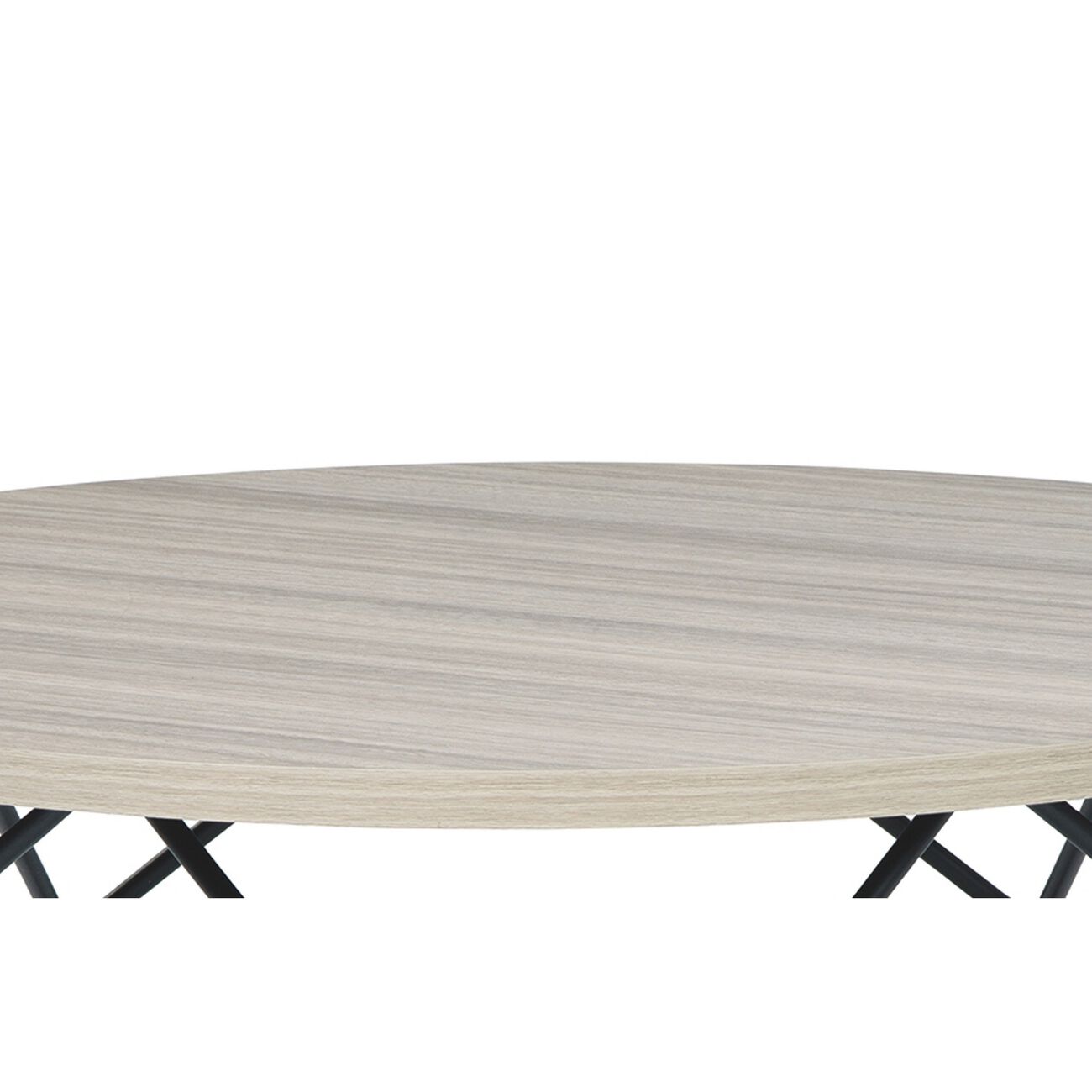 Wooden Top Round Cocktail Table with Open Geometric Base, Gray and Black