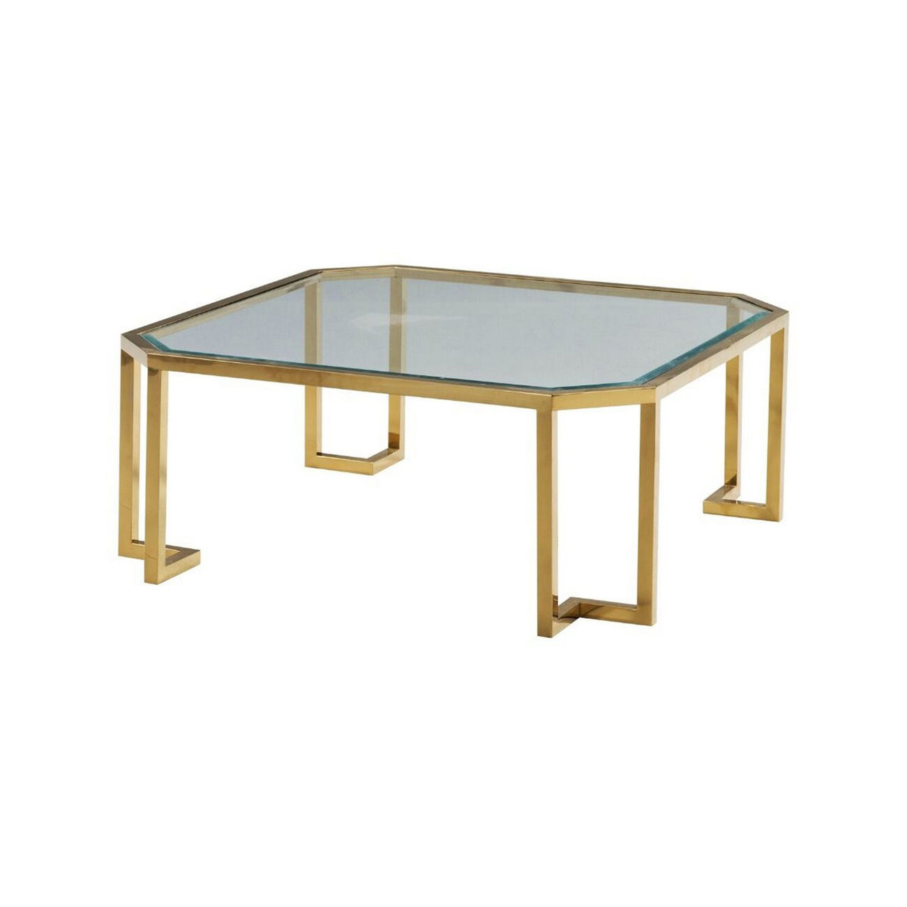 Glass Top Coffee Table with Clipped Corner and Metal Tube Base, Gold