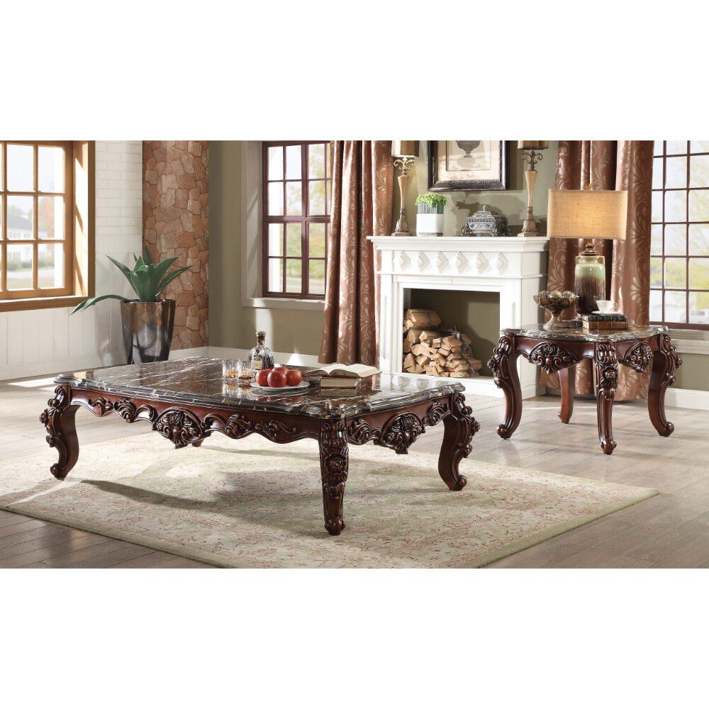 Traditional Style Rectangular Wood and Marble Coffee Table, Walnut Brown
