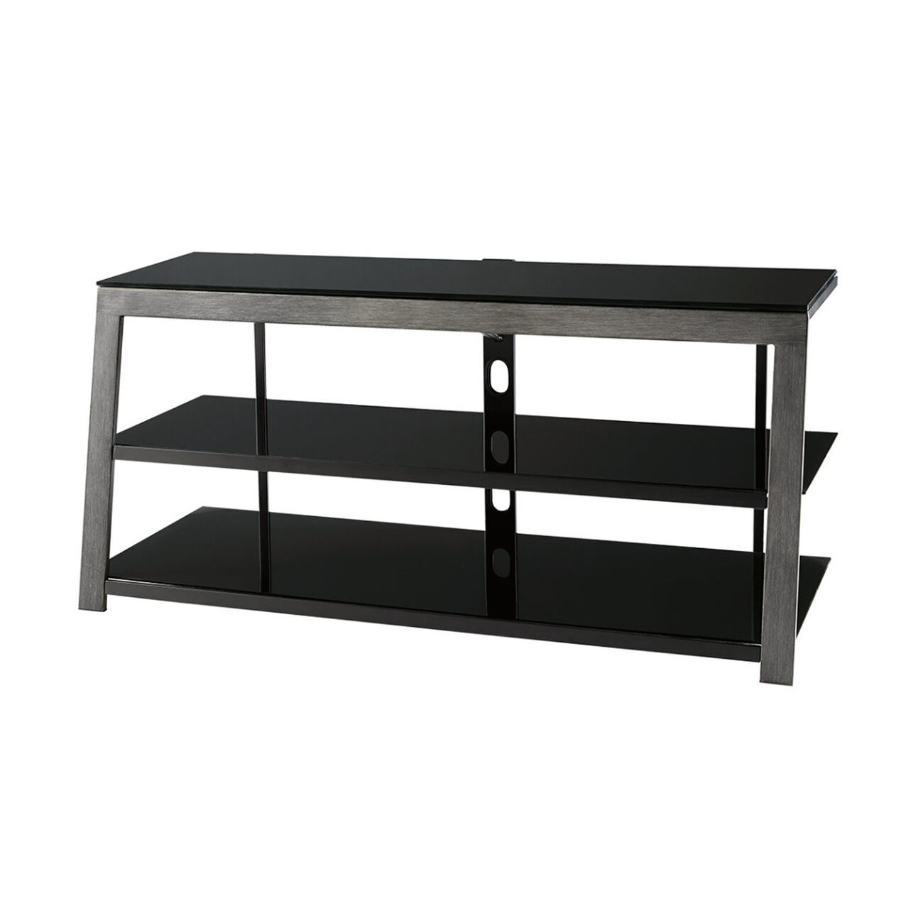 Metal Framed TV Stand with Tempered Glass Shelves and Top, Black and Gray