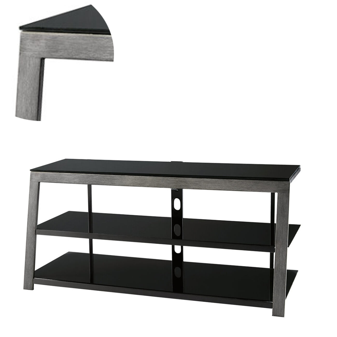 Metal Framed TV Stand with Tempered Glass Shelves and Top, Black and Gray