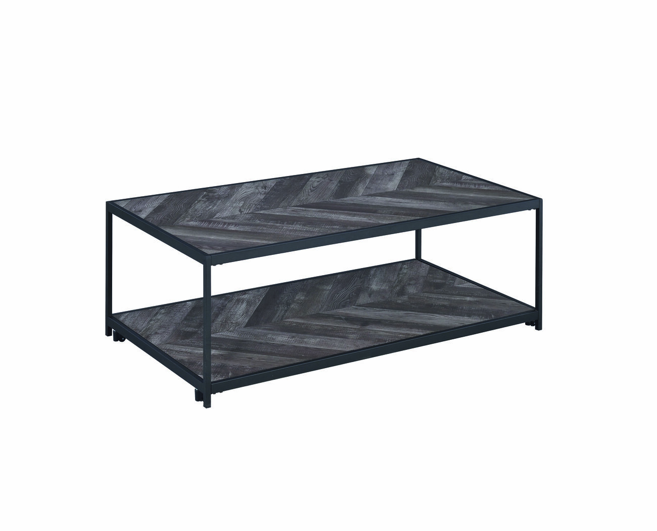Metal Frame Coffee Table with Wooden Top and Bottom Shelf, Black and Brown