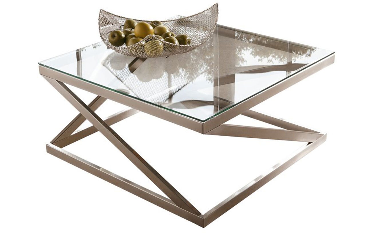 Square Glass Top Cocktail Table with Cantilever Frame, Silver and Clear