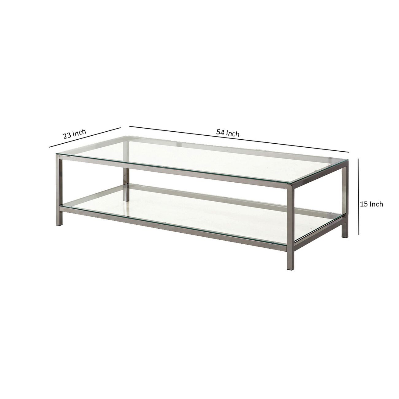 Glass Top Coffee Table with Metal Frame and Open Shelf, Silver