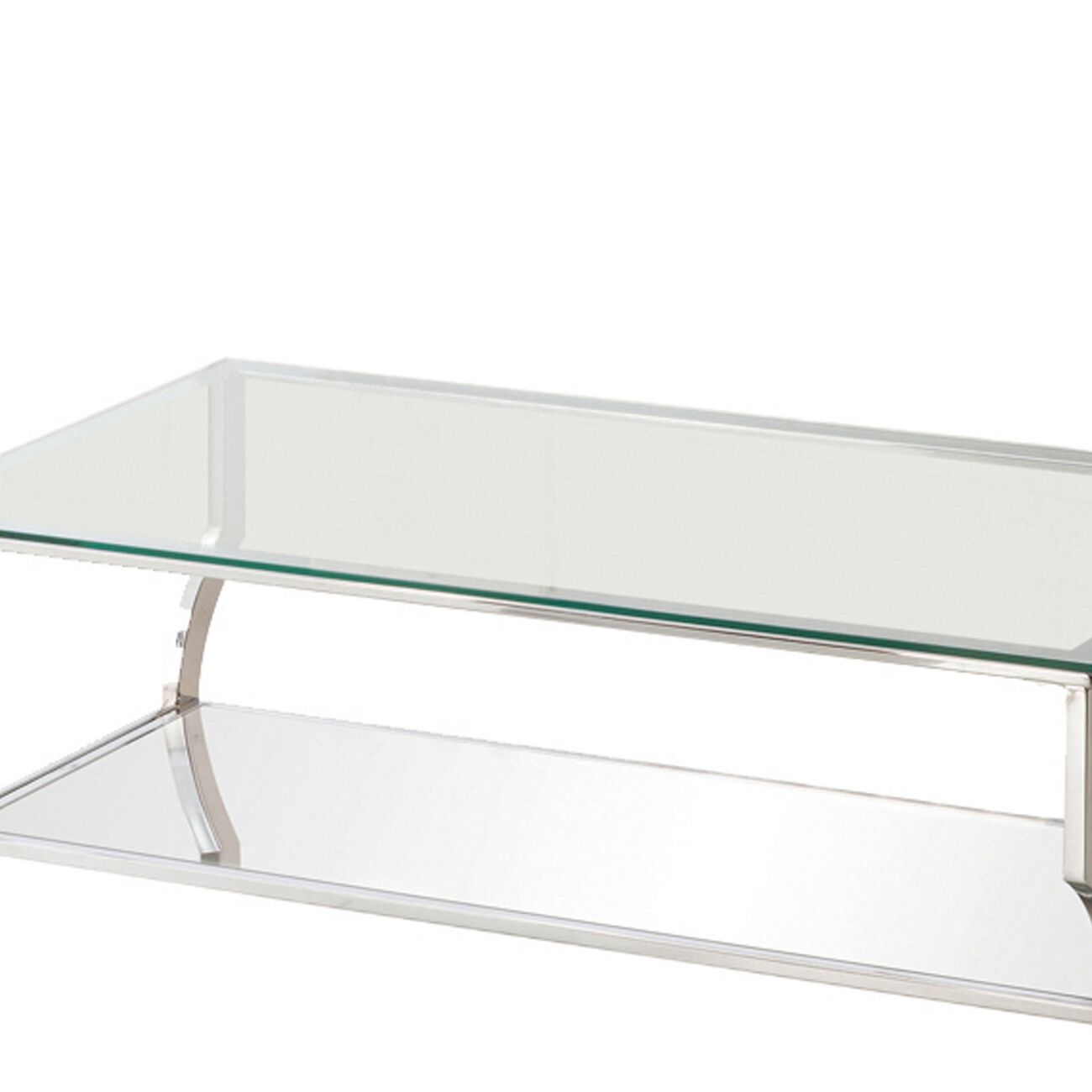 Glass Top Coffee Table with Metal Frame and Mirror Shelf, Chrome