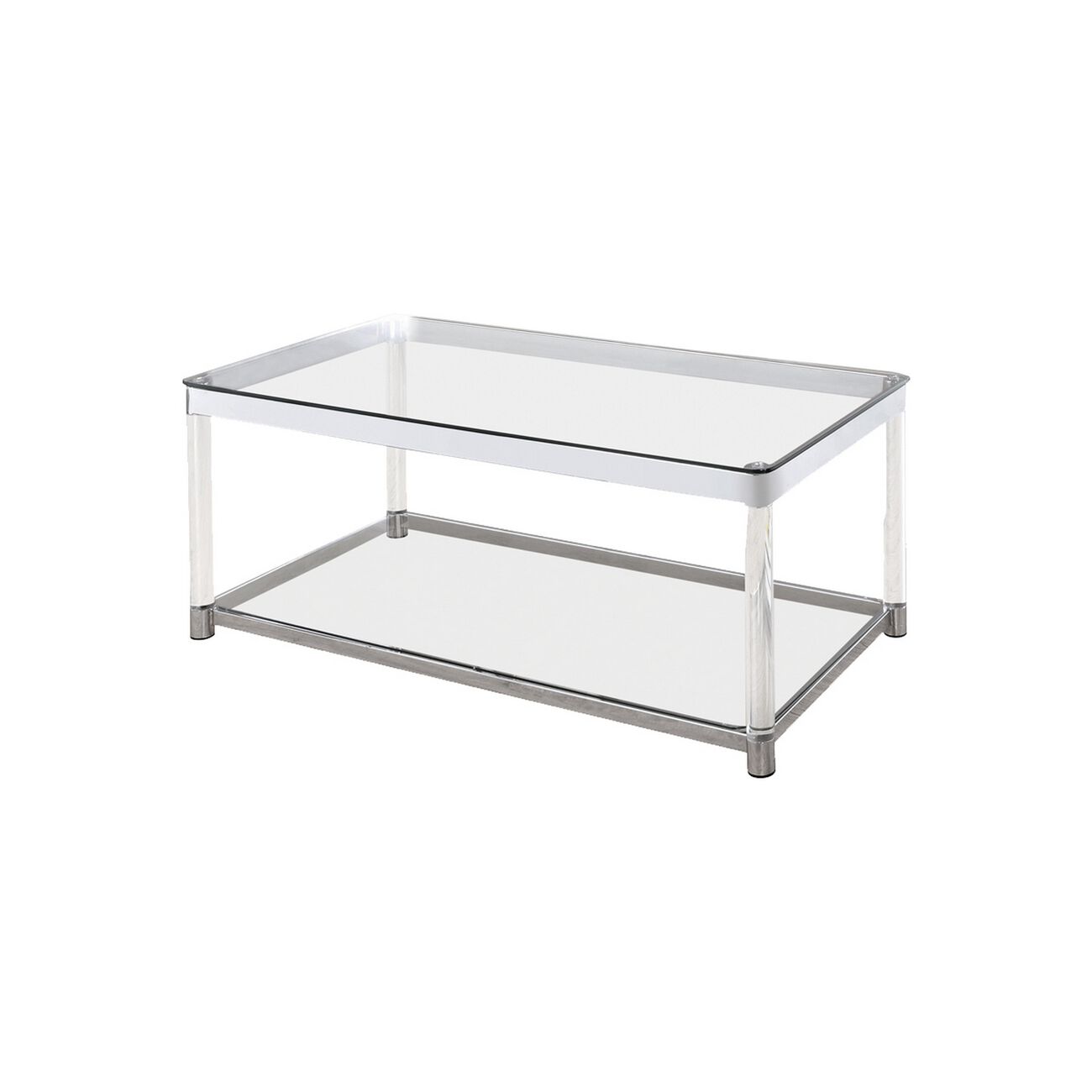 Acrylic Frame Coffee Table with Glass Top and Bottom Shelf,Clear and Chrome