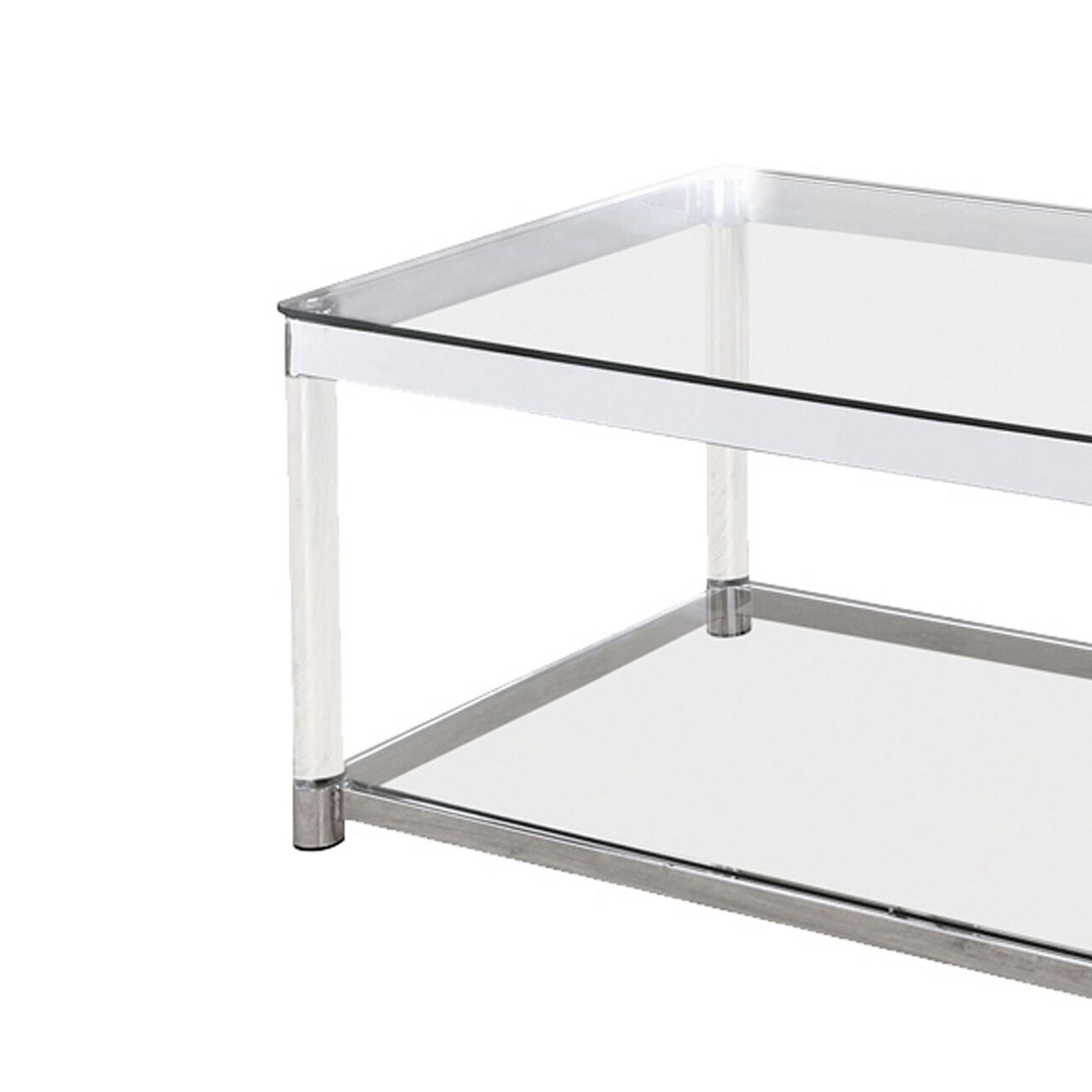 Acrylic Frame Coffee Table with Glass Top and Bottom Shelf,Clear and Chrome