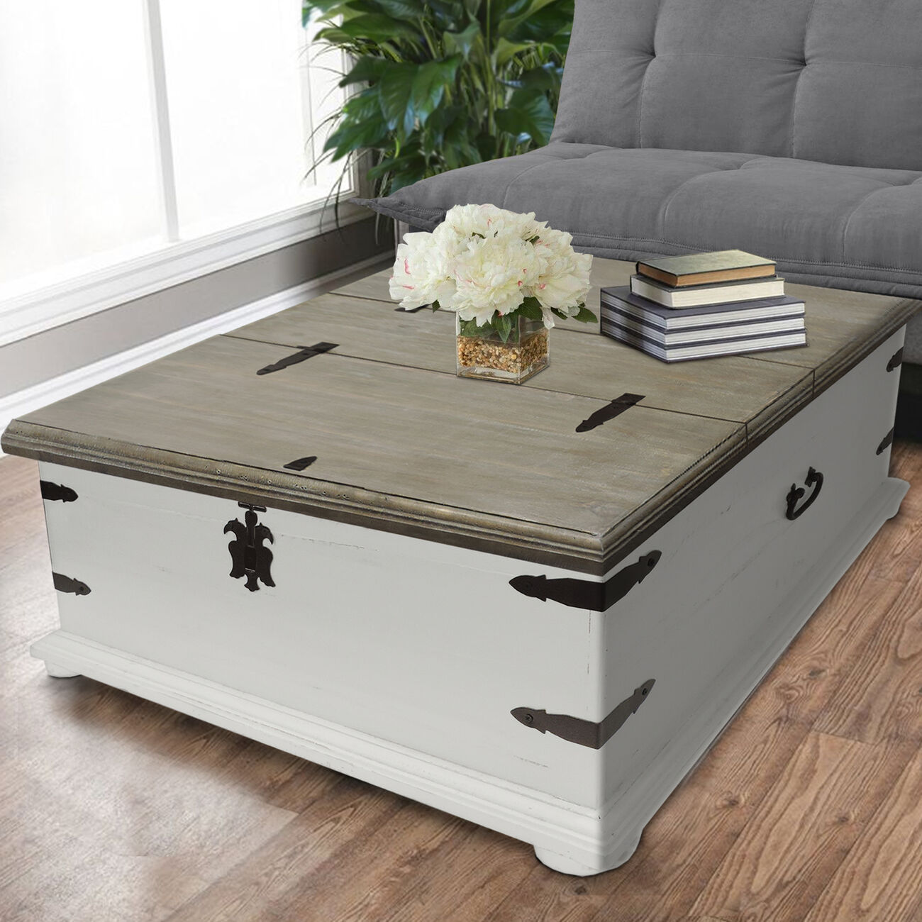 Trunk Shape Cocktail Table with Double Lid Opening, White and Brown