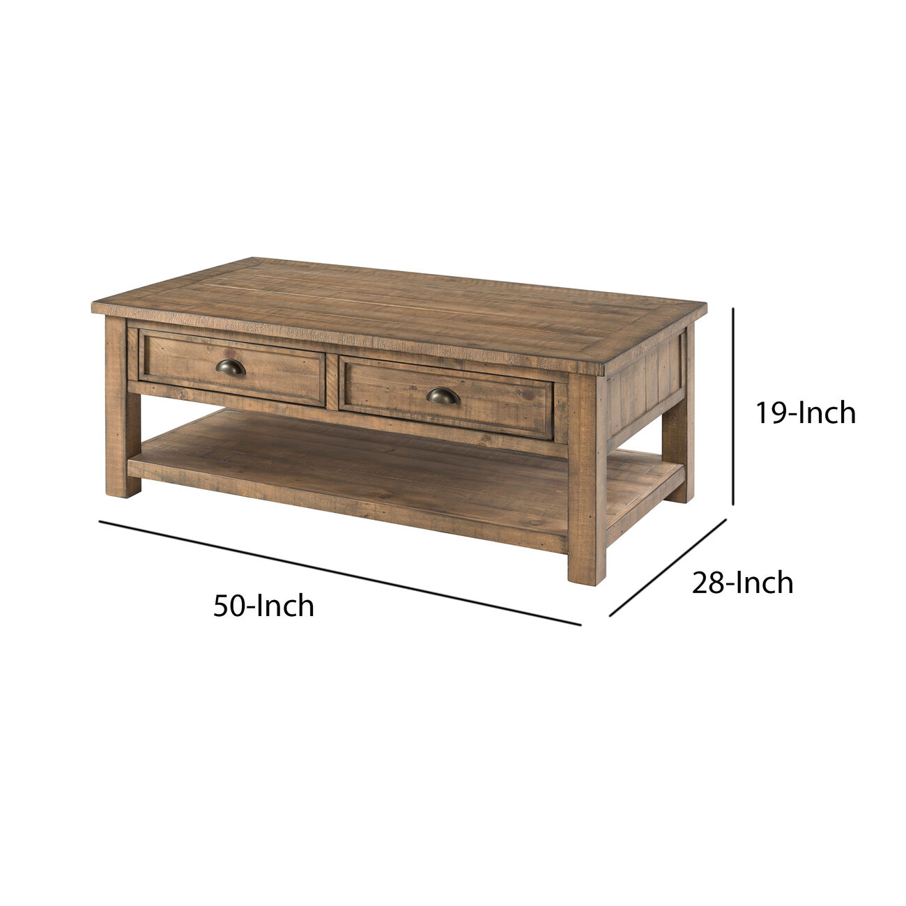 Coastal Style Rectangular Wooden Coffee Table with 2 Drawers, Brown