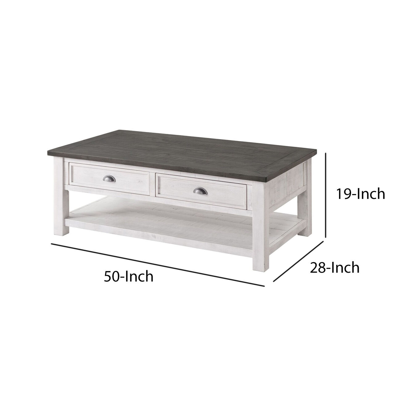Coastal Rectangular Wooden Coffee Table with 2 Drawers, White and Gray