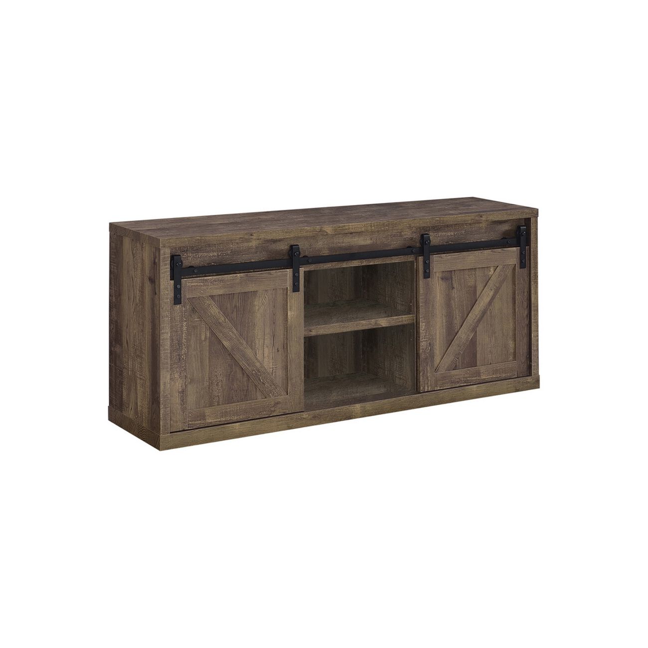59 Inch Farmhouse Wooden TV Console With 2 Sliding Barn Doors, Rustic Brown