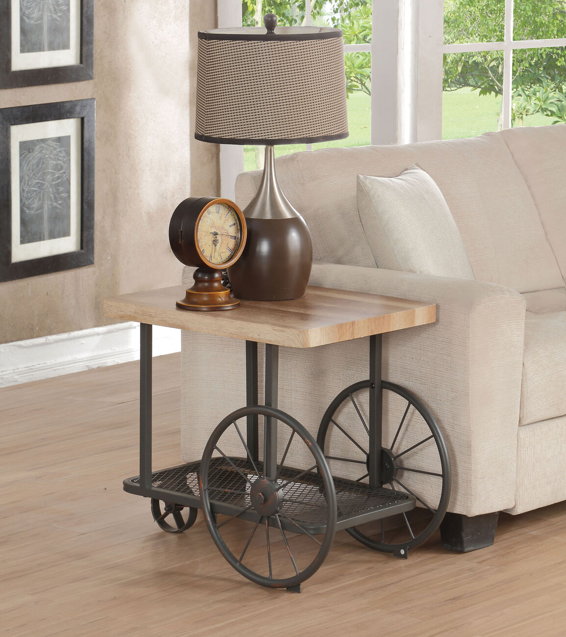 Cart Design Wooden and Metal End Table with Bottom Shelf, Brown and Bronze