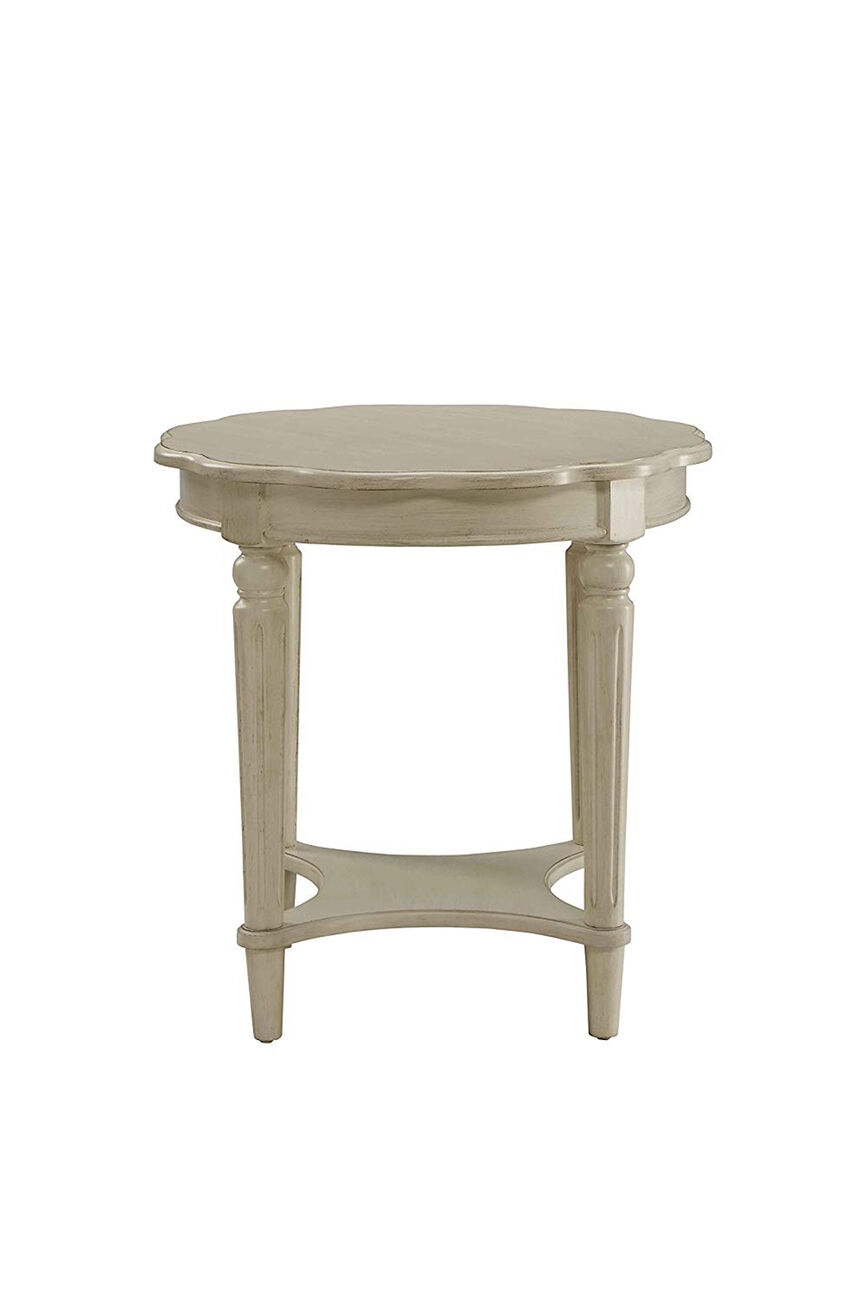 Wooden End Table with Scalloped Round Top and Turned Legs Support, Cream