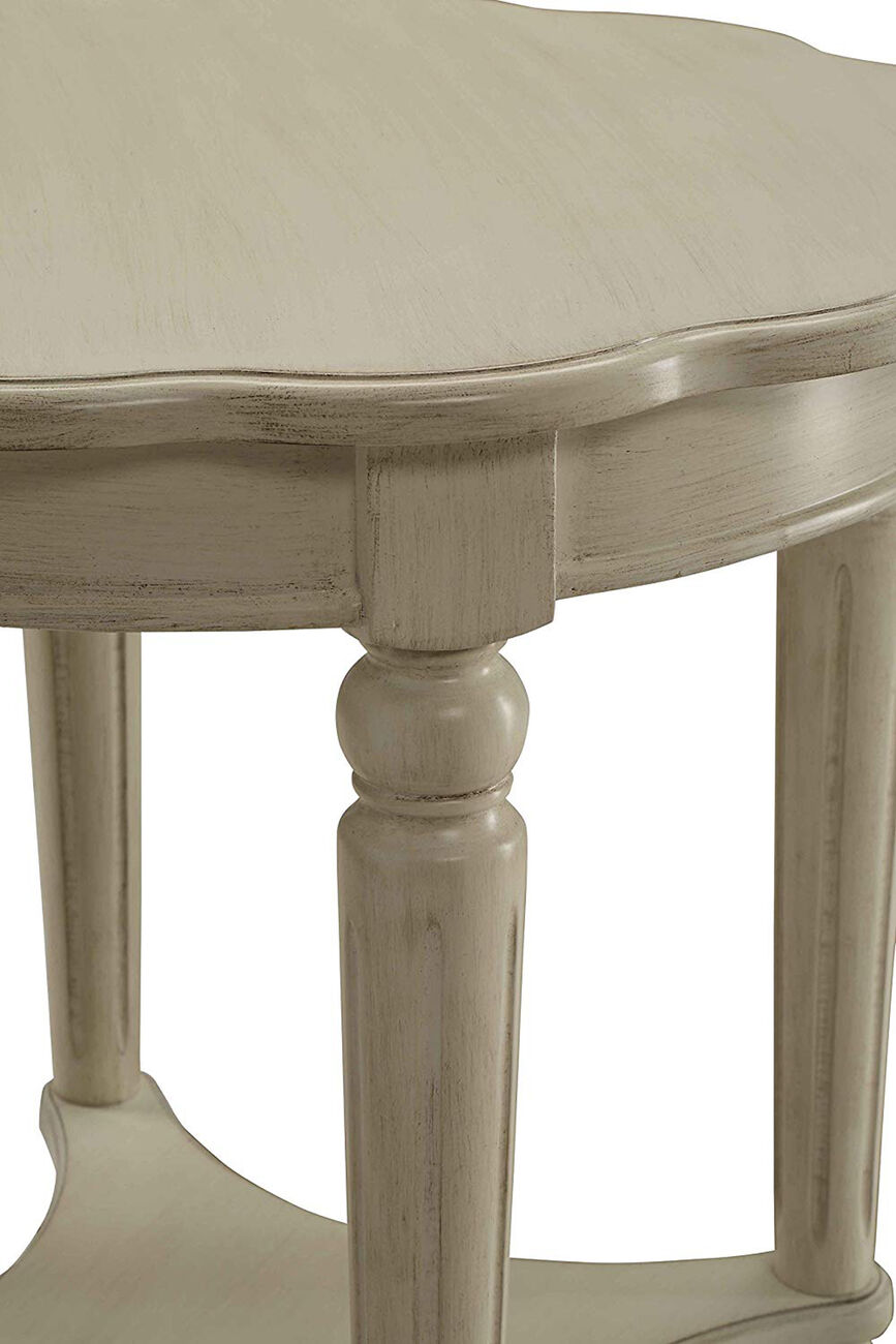 Wooden End Table with Scalloped Round Top and Turned Legs Support, Cream