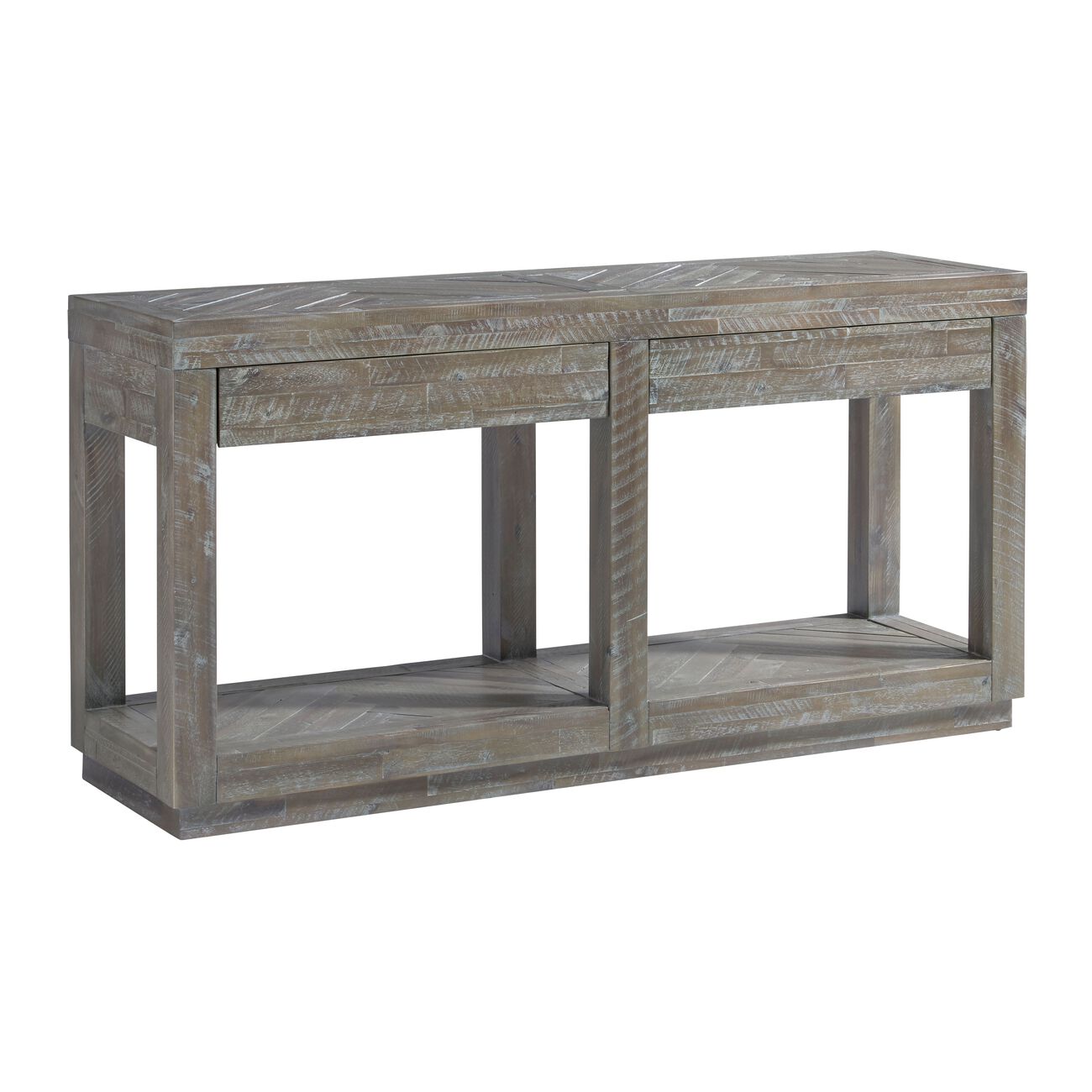 Two Drawer and Bottom Shelf Console Table with Flattened Base, Rustic Latte Gray