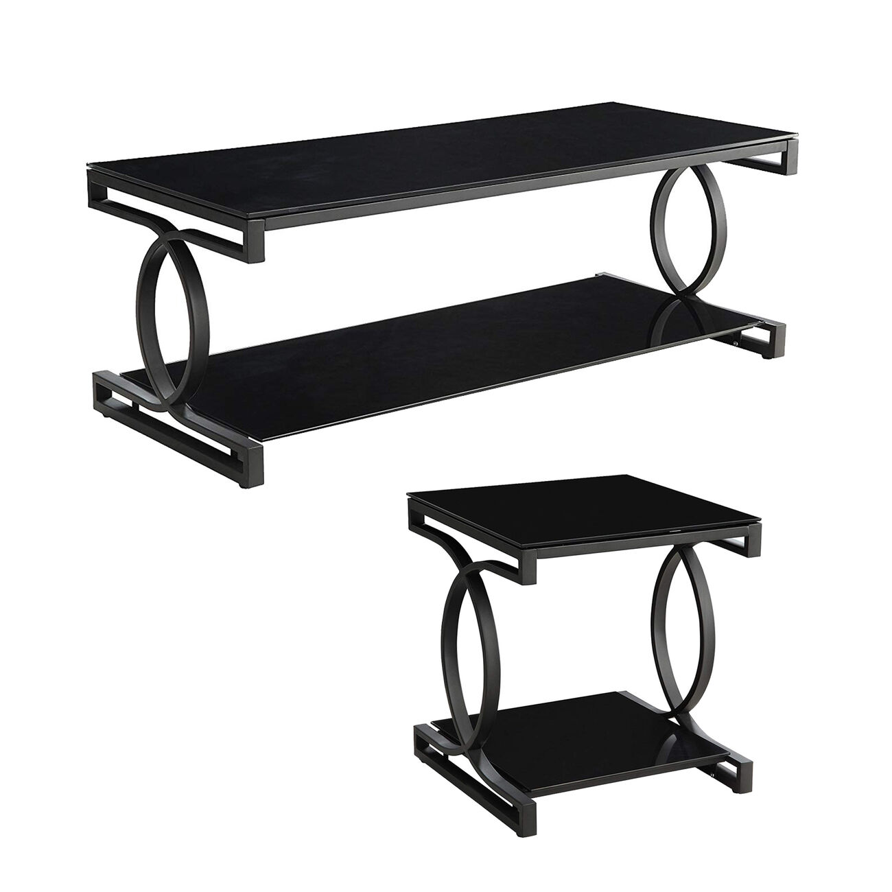 Metal and Glass Coffee Table Set with Two End Tables, Black