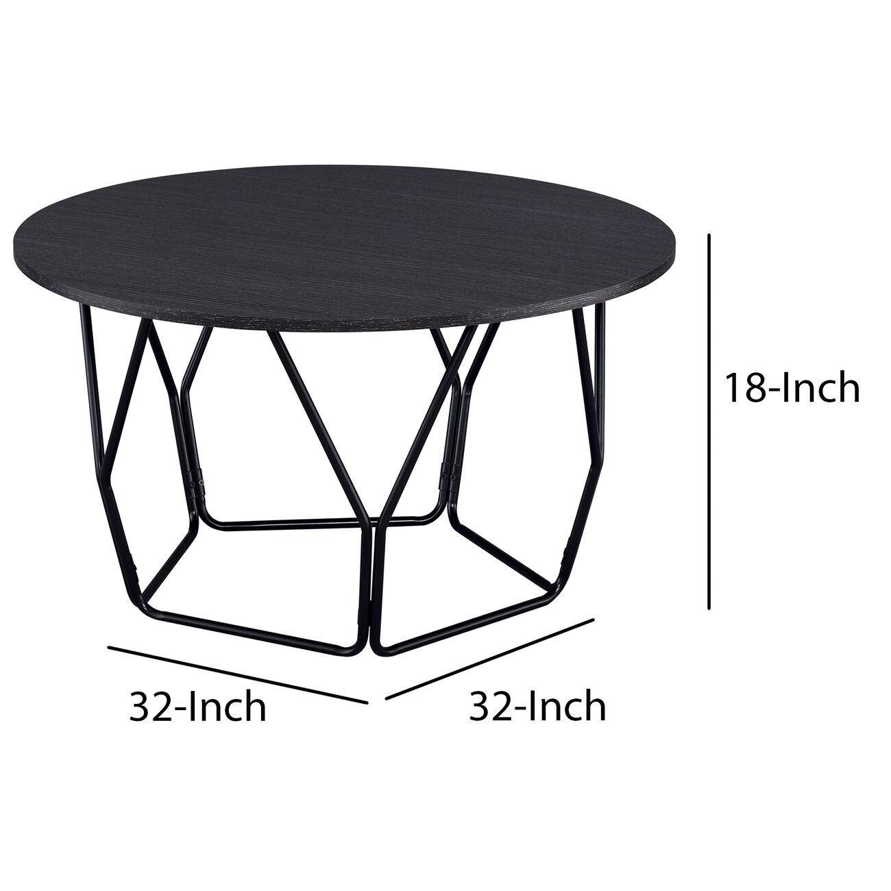 Industrial Round Top Wooden Coffee Table with Geometric Base, Black