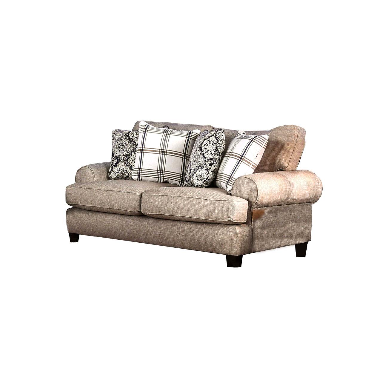 Fabric Upholstered Wooden Loveseat with Rolled Arms, Beige