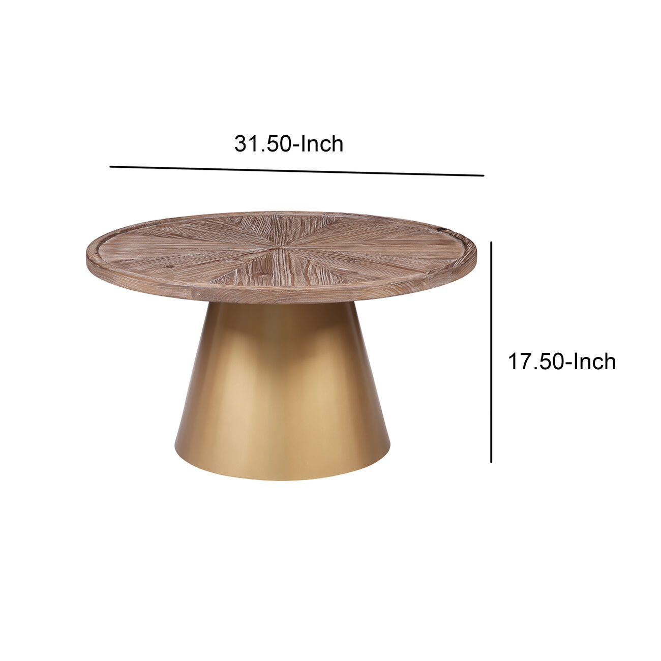 Round Wooden Top Coffee Table with Metal Conical Base, Brown and Gold