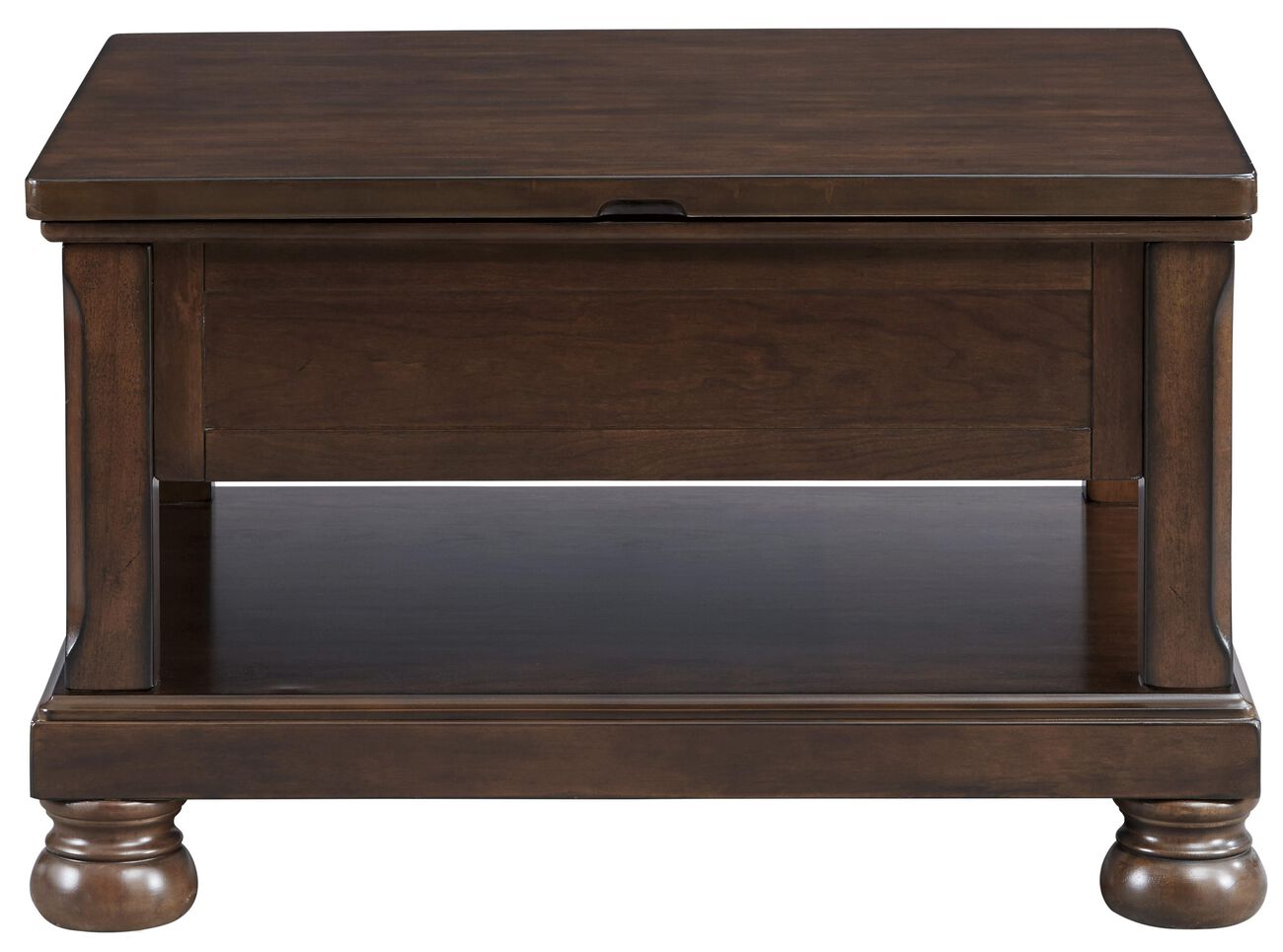 Lift Top Cocktail Table with Open Bottom Shelf and Bun Feet, Brown