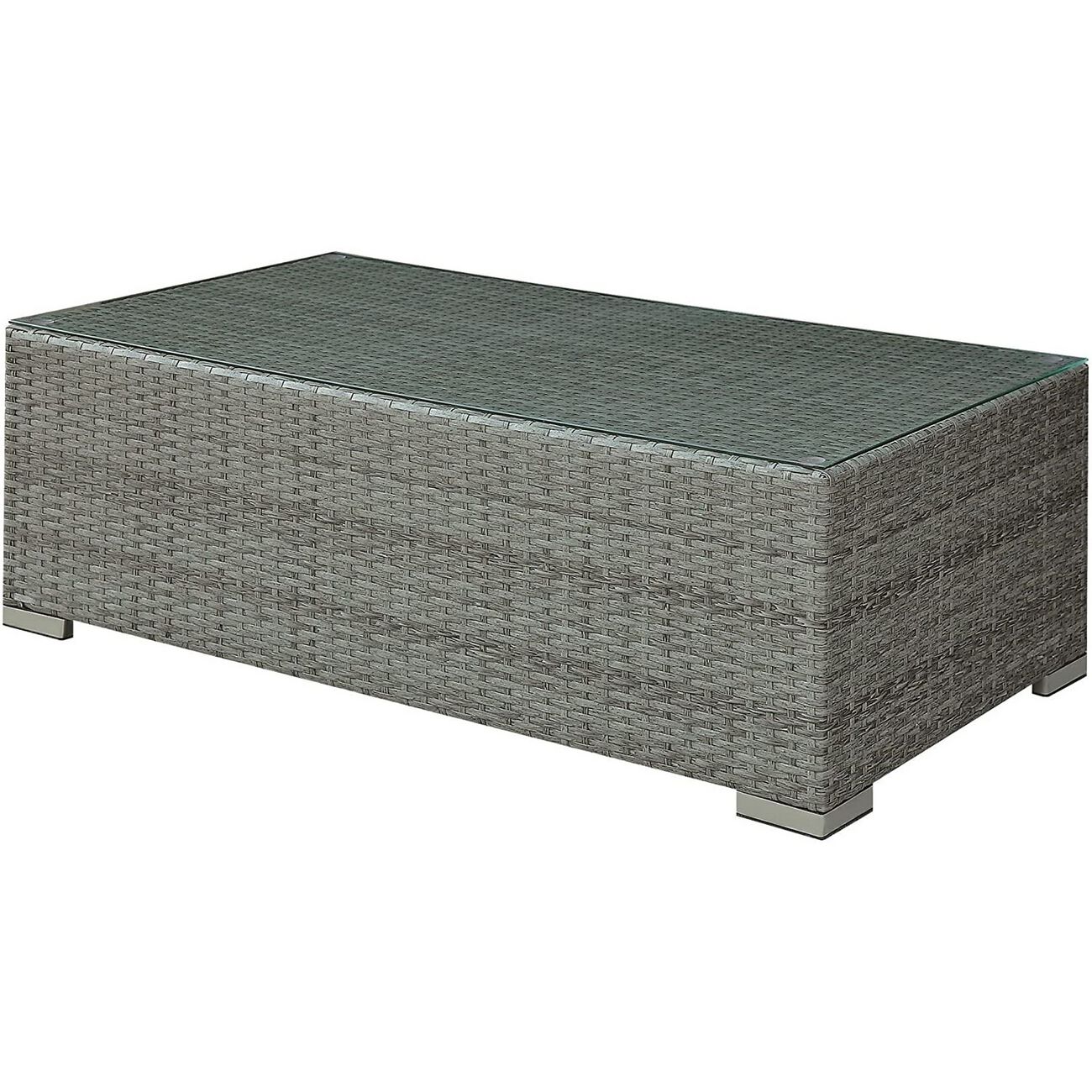 Woven Wicker Rectangular Coffee Table with Tempered Glass Tabletop, Gray