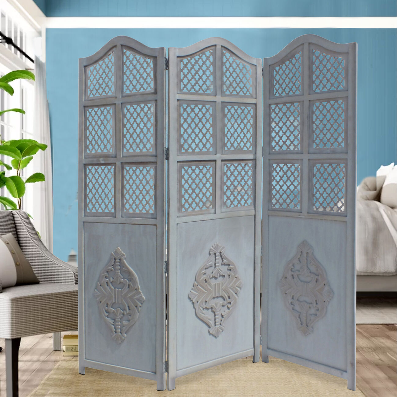 Three Panel Wooden Room Divider with Traditional Carvings and Cutouts, Blue