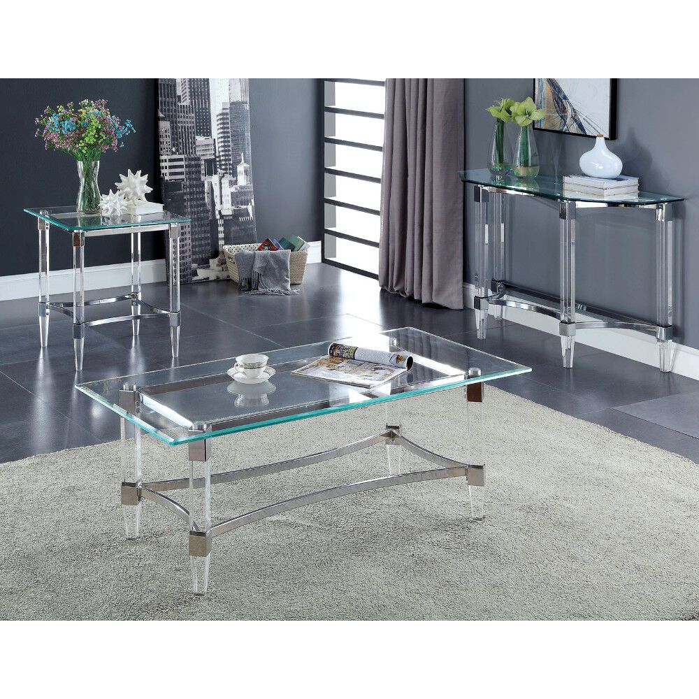 Contemporary Style Glass Top Rectangular Coffee Table with Acrylic Legs, Silver and Clear