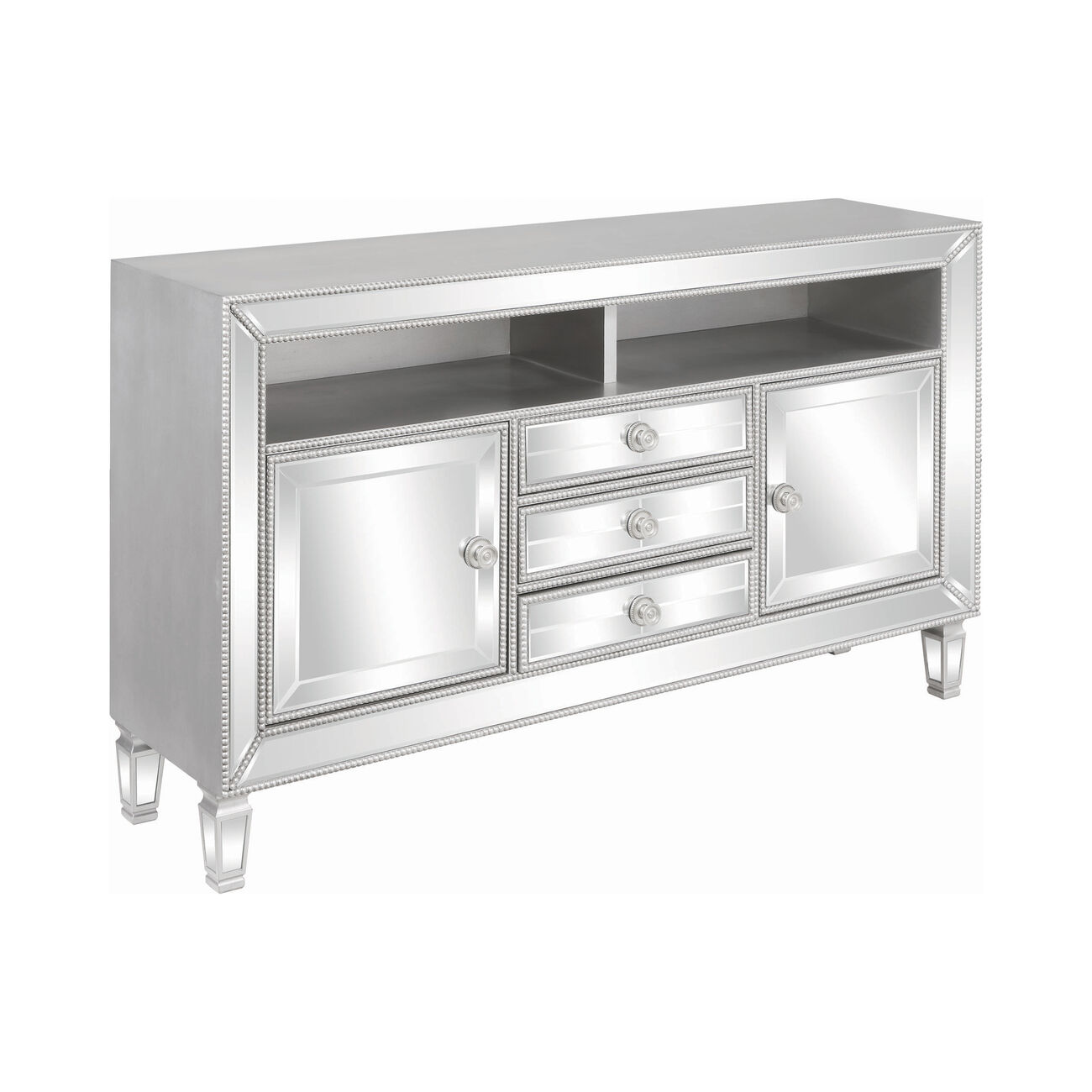 Contemporary Wood and Mirror TV Console with Beading Accents, Silver