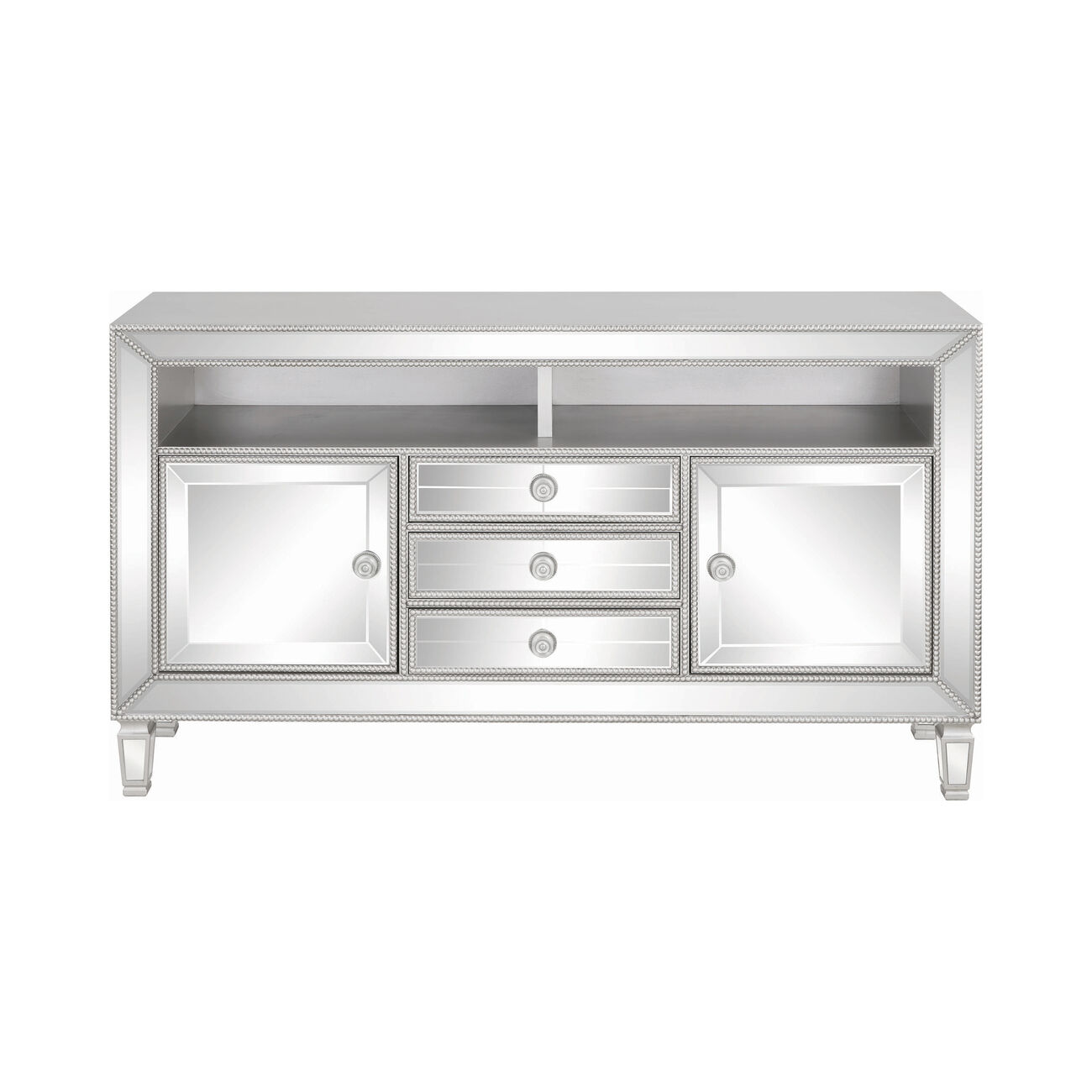 Contemporary Wood and Mirror TV Console with Beading Accents, Silver