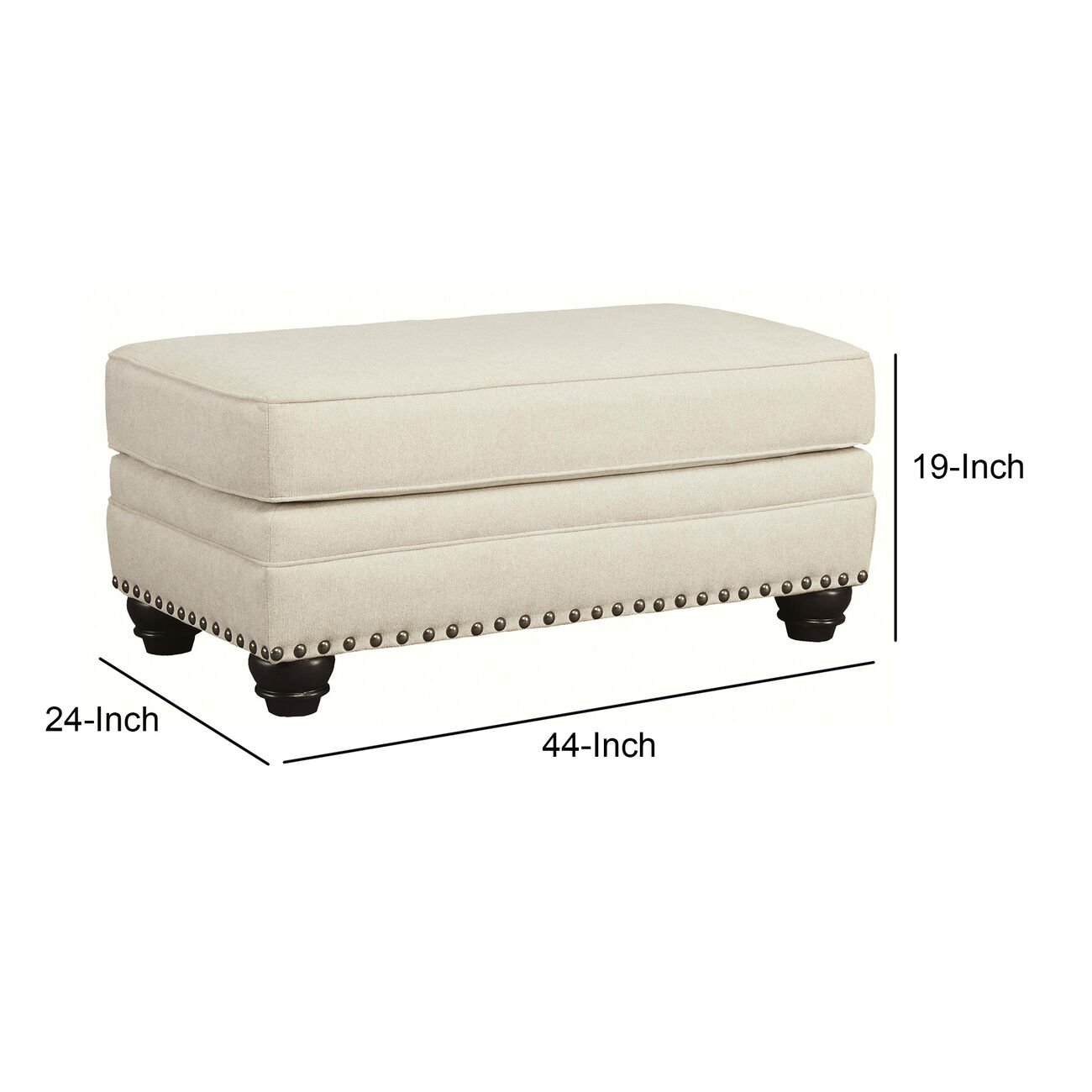 Wooden Ottoman with Nailhead Trims and Bun Feet, White and Black