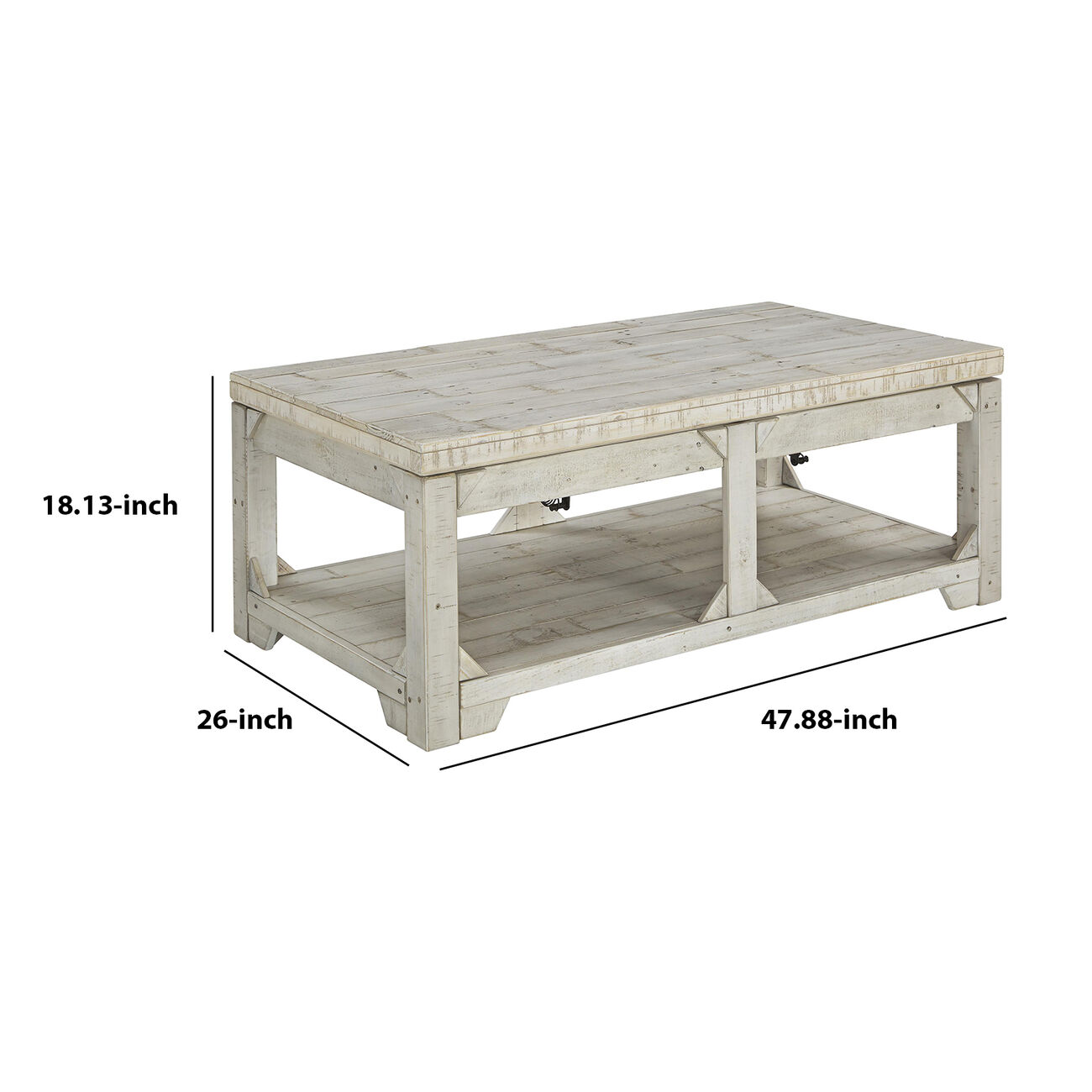 Farmhouse Wooden Lift Top Cocktail Table with Open Bottom Shelf, White