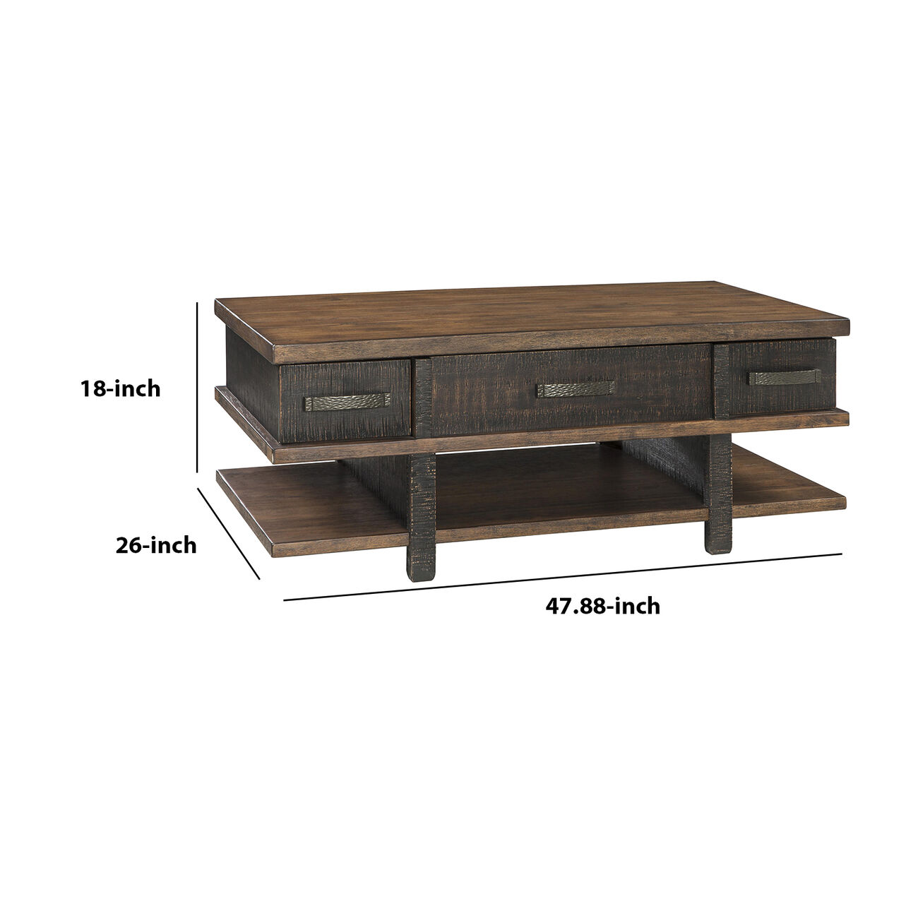 Wooden Lift Top Cocktail Table with 2 Drawers and 3 Open Shelves, Brown