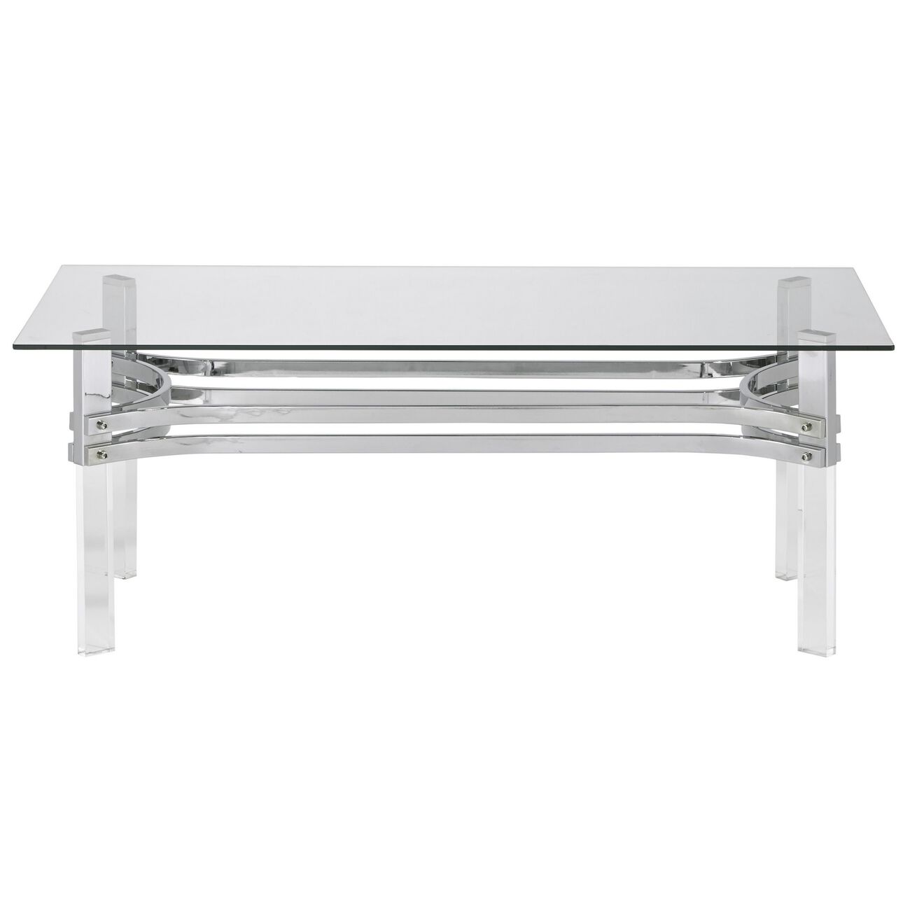 Rectangular Glass Top Cocktail Table with Straight Acrylic Legs, Clear and Chrome