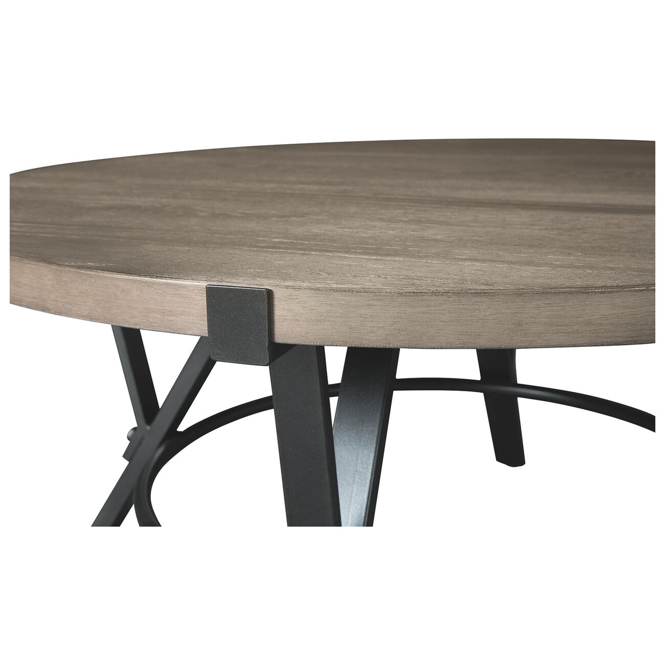 Round Wooden Top Cocktail Table with Open Geometric Base, Gray and Black