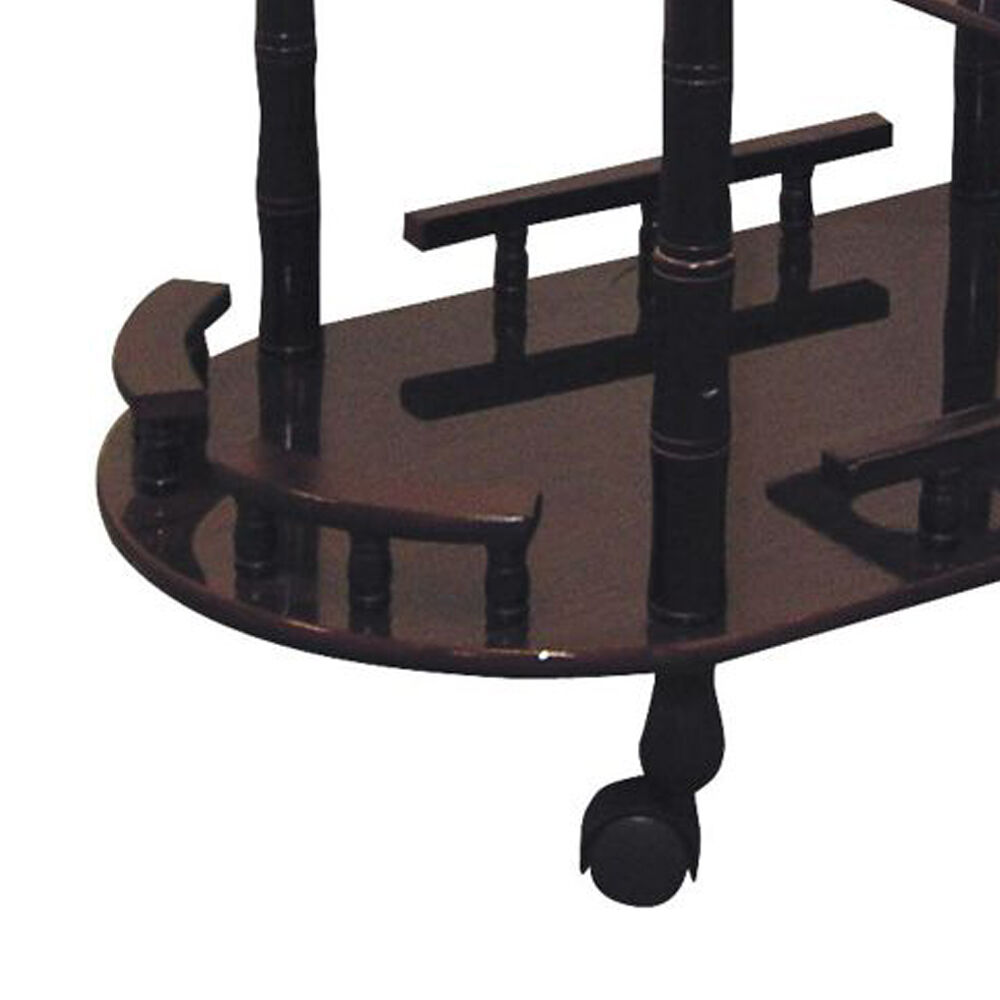 Casters Supported 2 Tier Wooden Wine Table with Turned legs, Cherry Brown