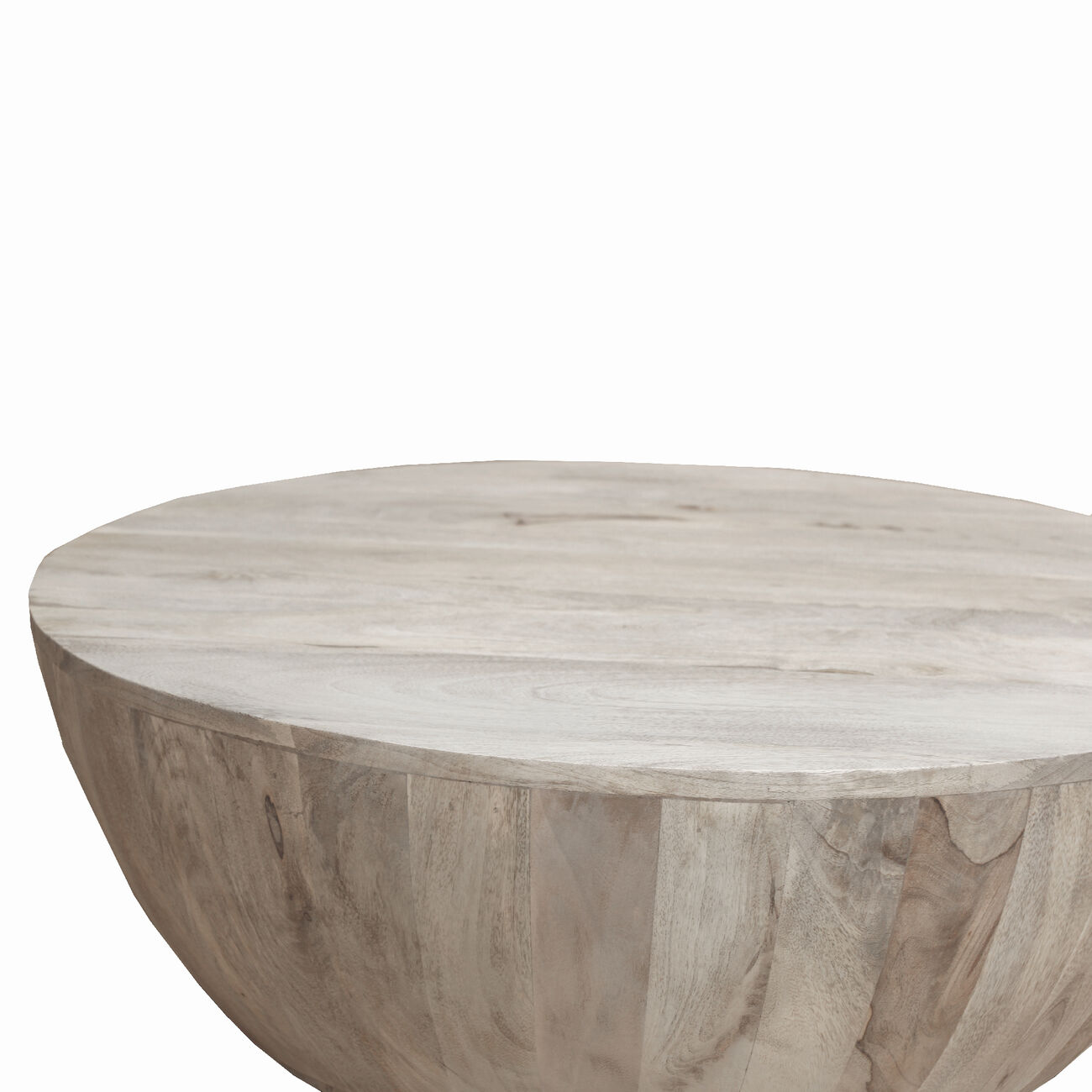 Distressed Mango Wood Coffee Table in Round Shape, Washed Light Brown