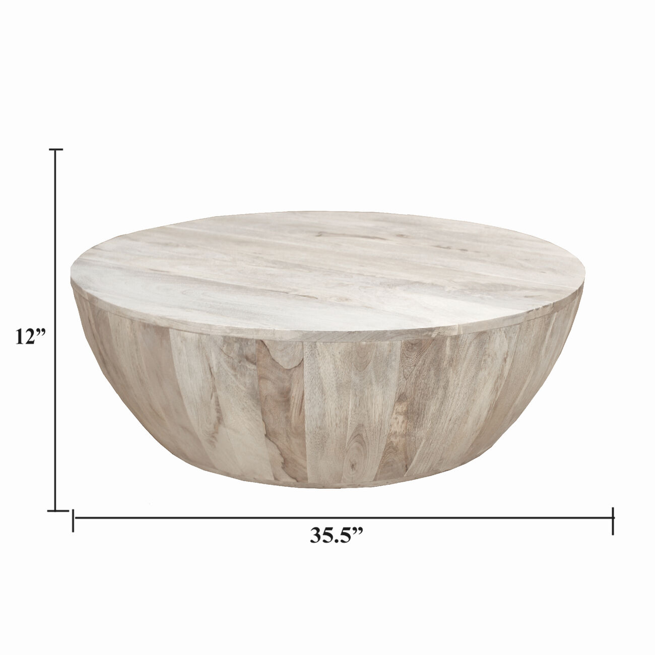 Distressed Mango Wood Coffee Table in Round Shape, Washed Light Brown