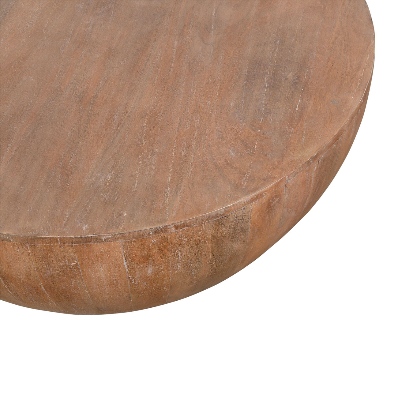 Drum Shape Wooden Coffee Table with Plank Design Base, Distressed Brown