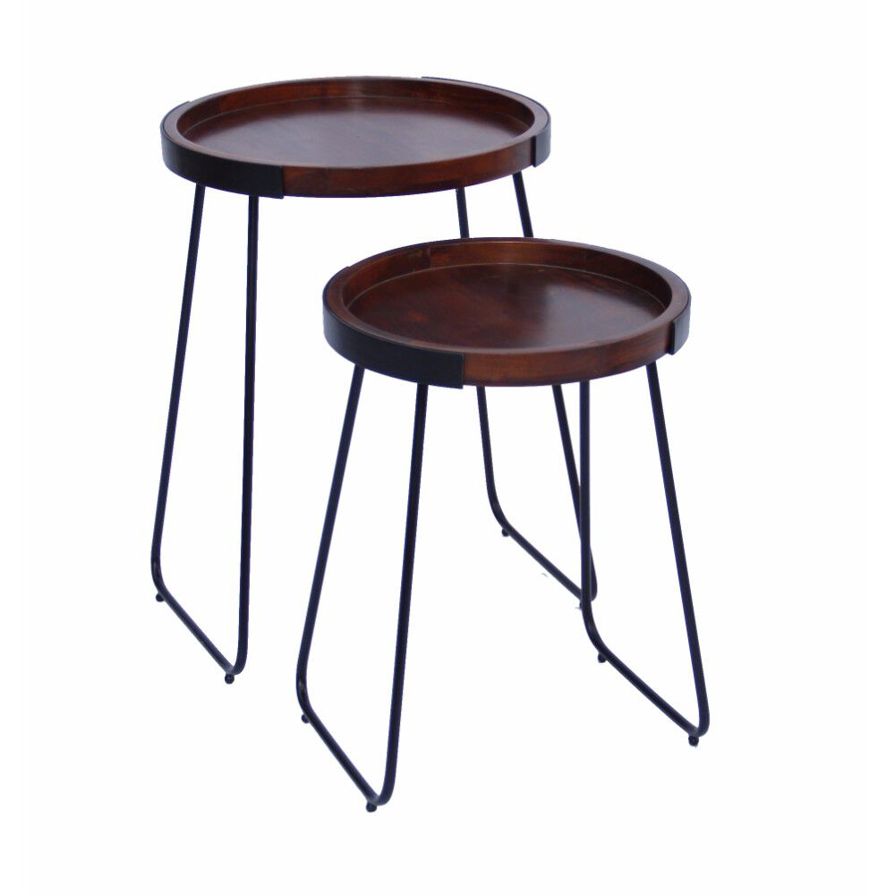 The Urban Port Wooden Round  Tray Top End Tables, brown and Black, Set of 2