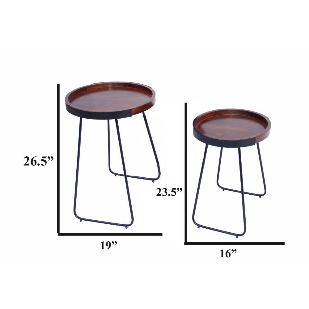 The Urban Port Wooden Round  Tray Top End Tables, brown and Black, Set of 2