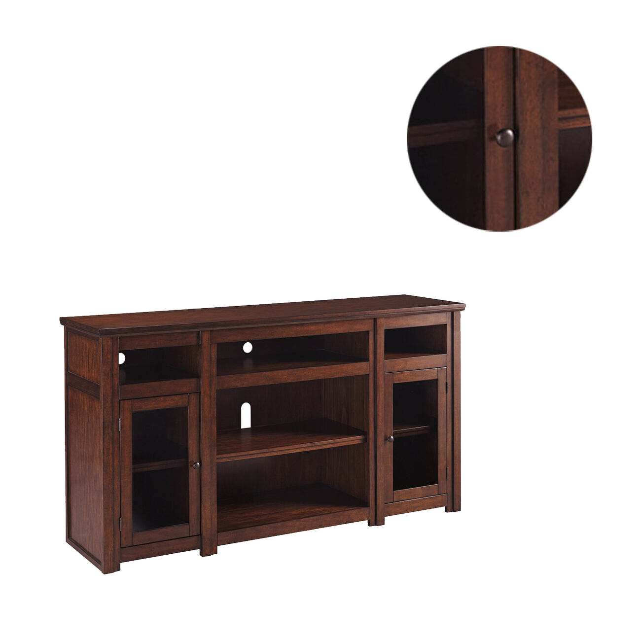 Wooden Frame TV Stand with 5 Open Compartments and 2 Doors, Cherry Brown