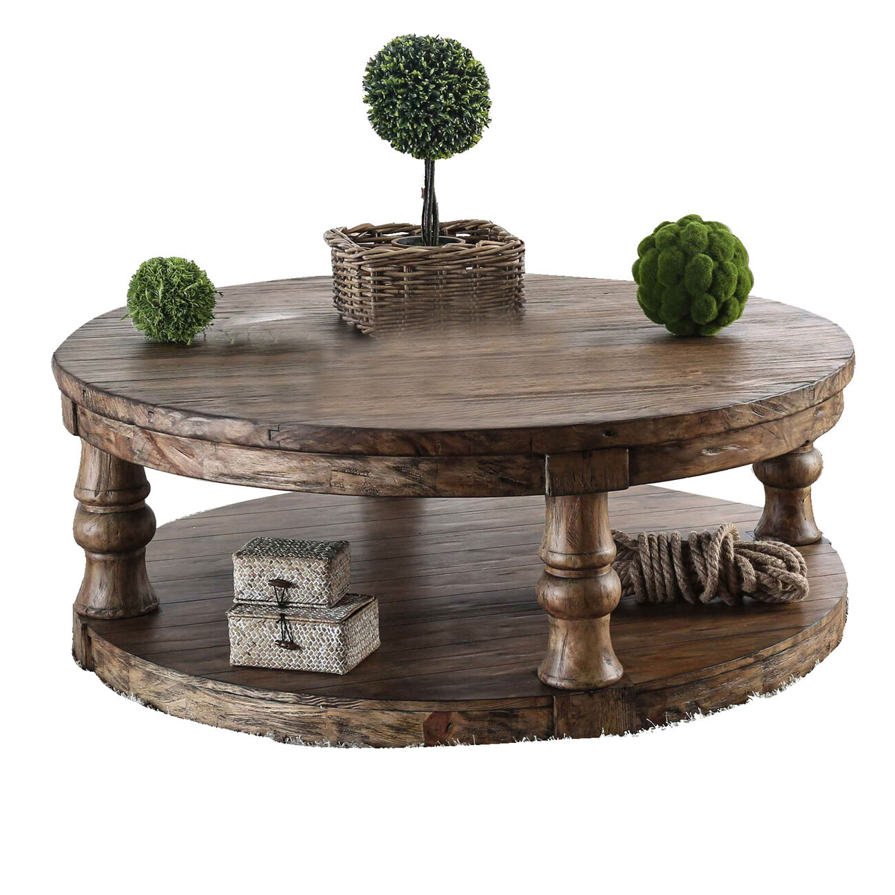 Transitional Round Coffee Table with Open Shelf and Turned Legs,Antique Oak