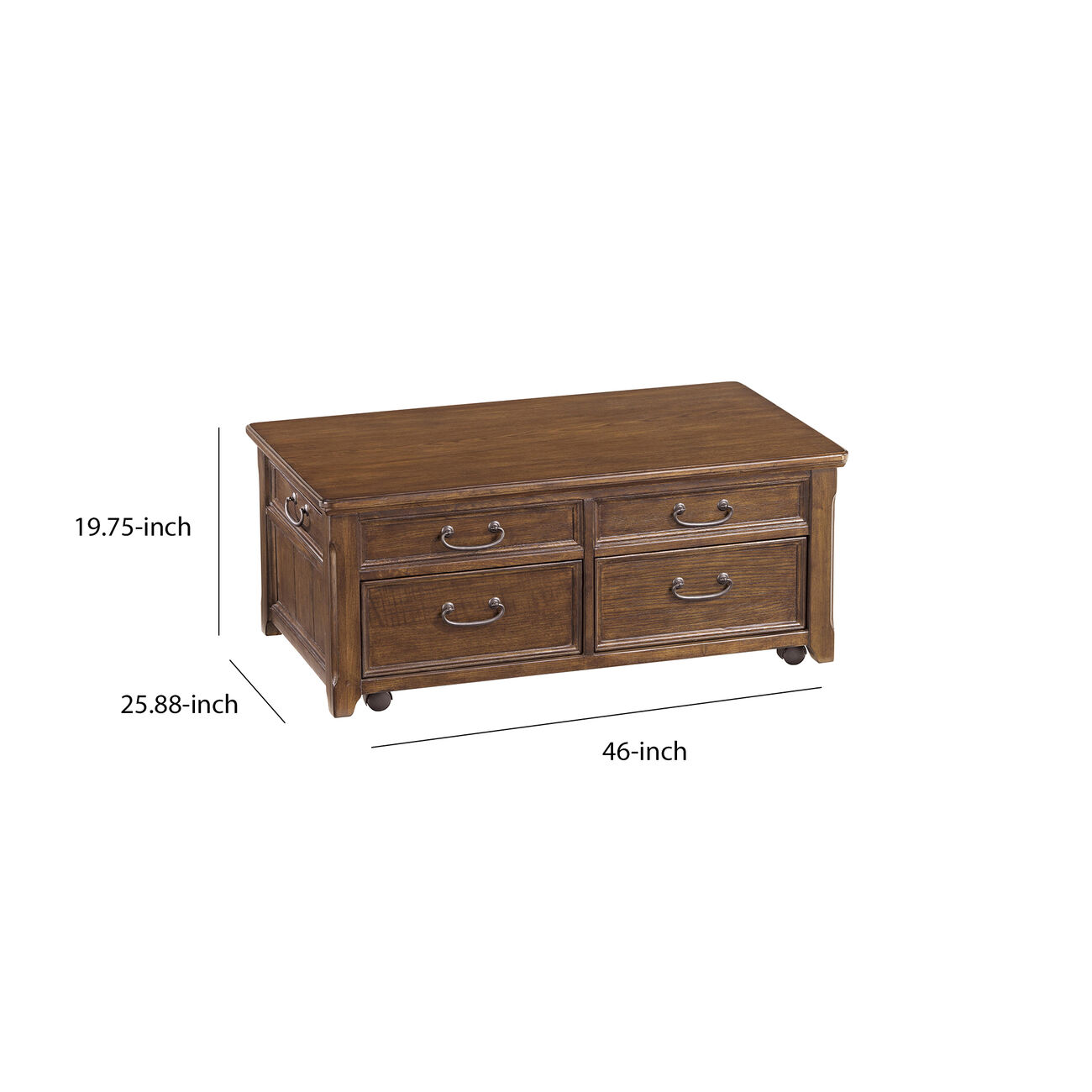 Wooden Lift Top Cocktail Table with 4 Drawers and Casters, Brown