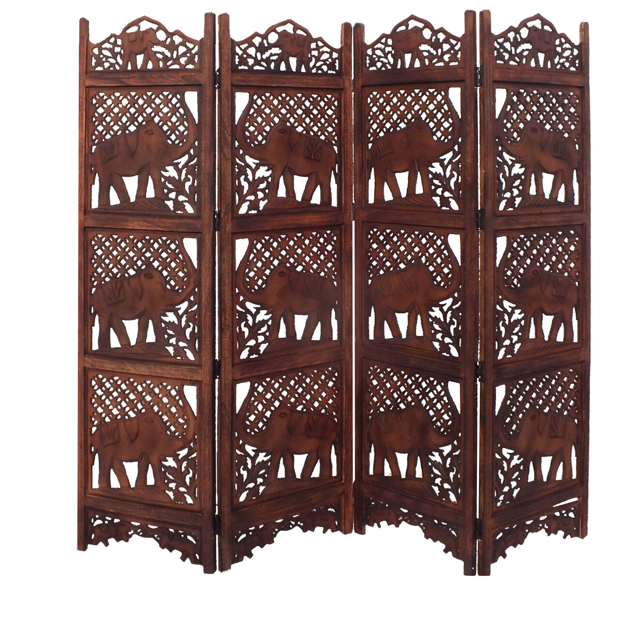 Benzara Hand Carved Elephant Design Foldable 4-Panel Wooden Room Divider, Brown