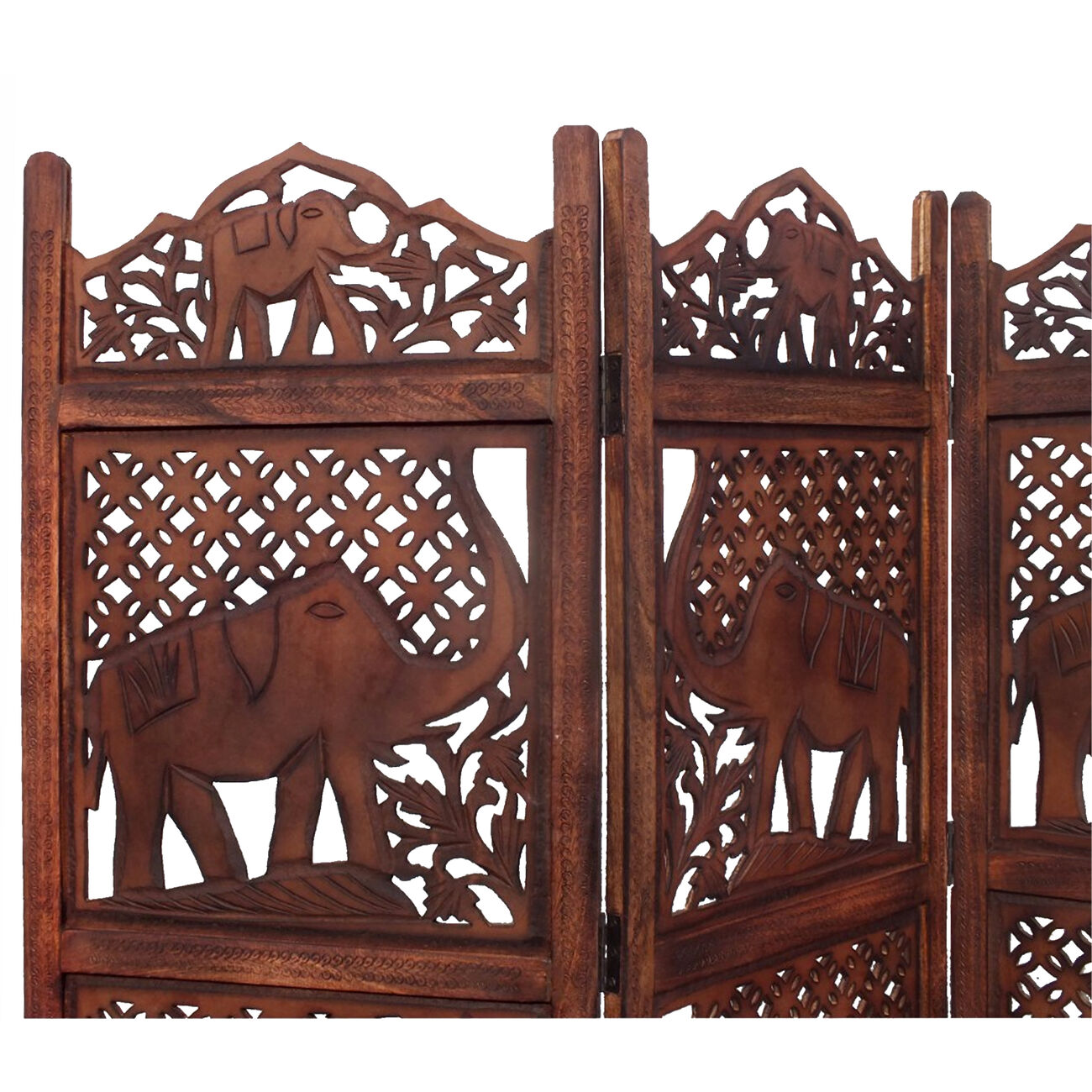 Benzara Hand Carved Elephant Design Foldable 4-Panel Wooden Room Divider, Brown