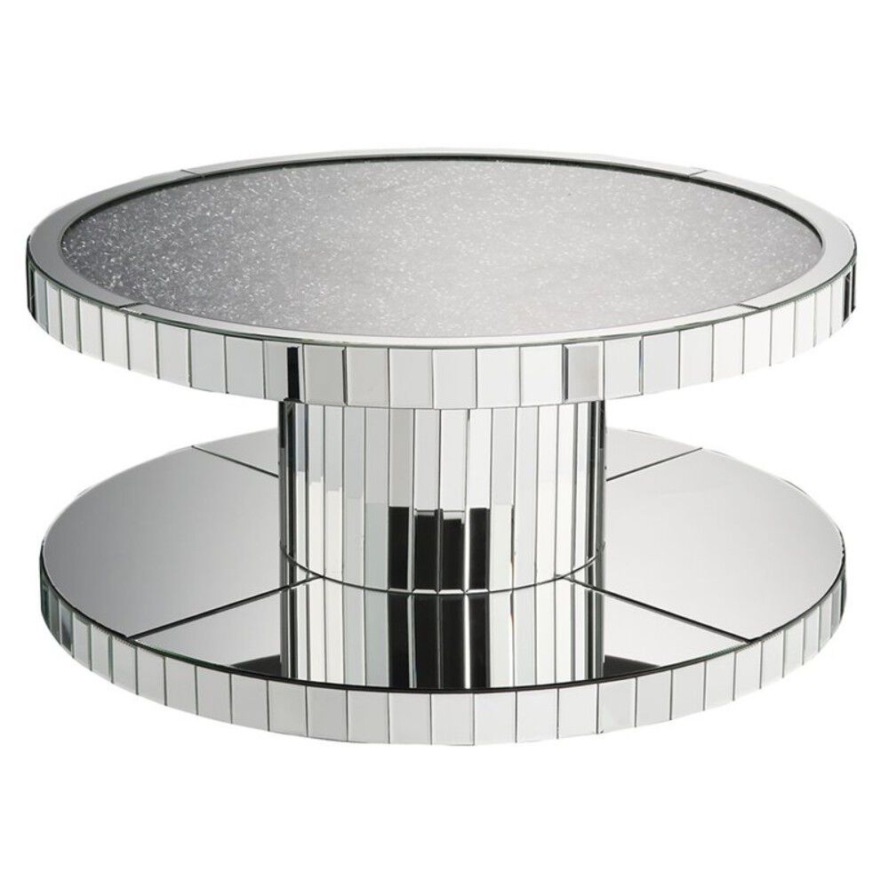 Modern Style Round Mirror Coffee Table with Glass and Faux Stones Top, Silver