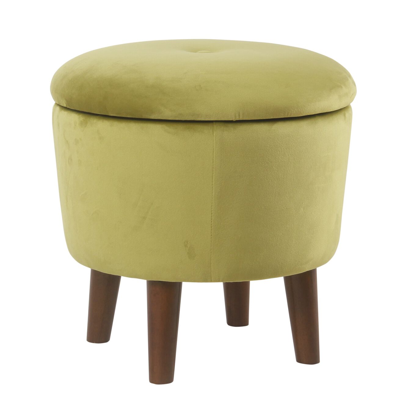 Velvet Upholstered Tufted Ottoman with Tapered Legs and Hidden Storage, Green and Brown
