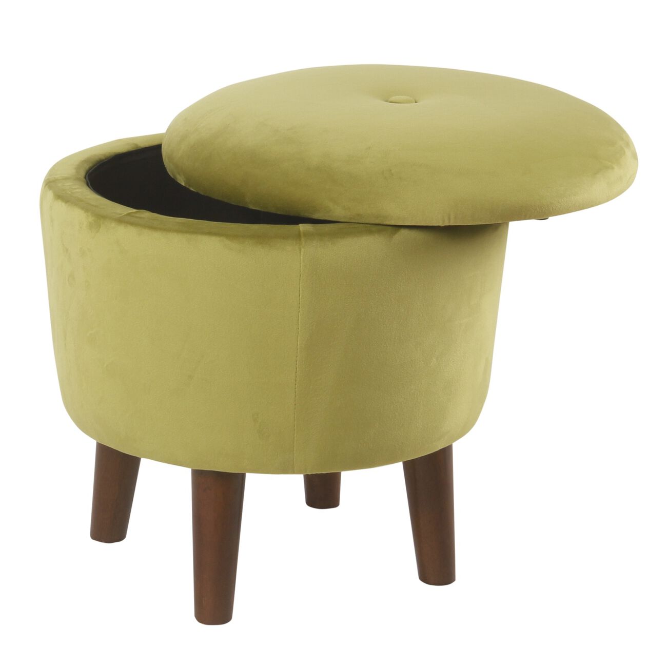 Velvet Upholstered Tufted Ottoman with Tapered Legs and Hidden Storage, Green and Brown