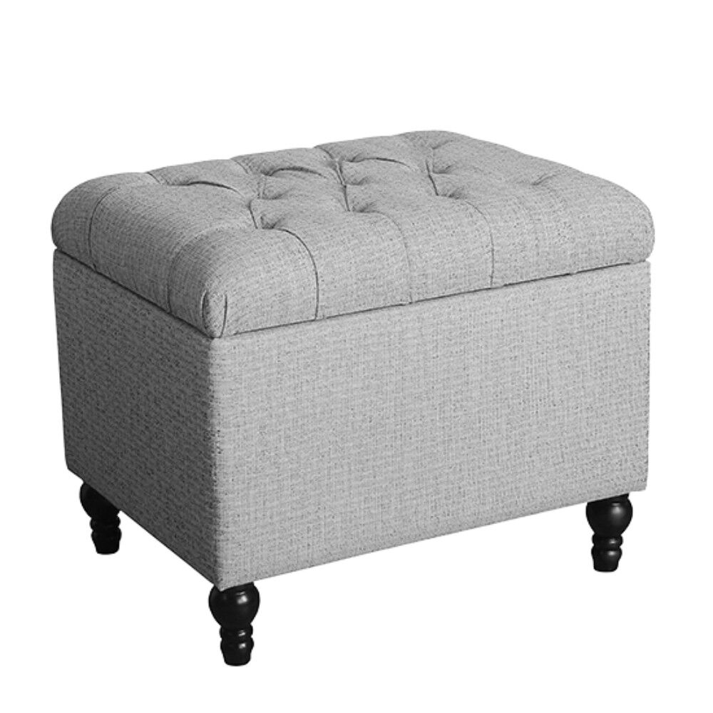Fabric Upholstered Rectangular Wooden Ottoman with Button Tufted Lift Top Storage, Gray
